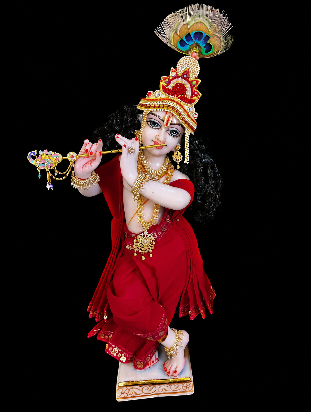 Deity dhoti and patka shalya / Uparna vastra made of Chiffon Material - Majenta Dhoti with Majenta sequence border and shalya 1
