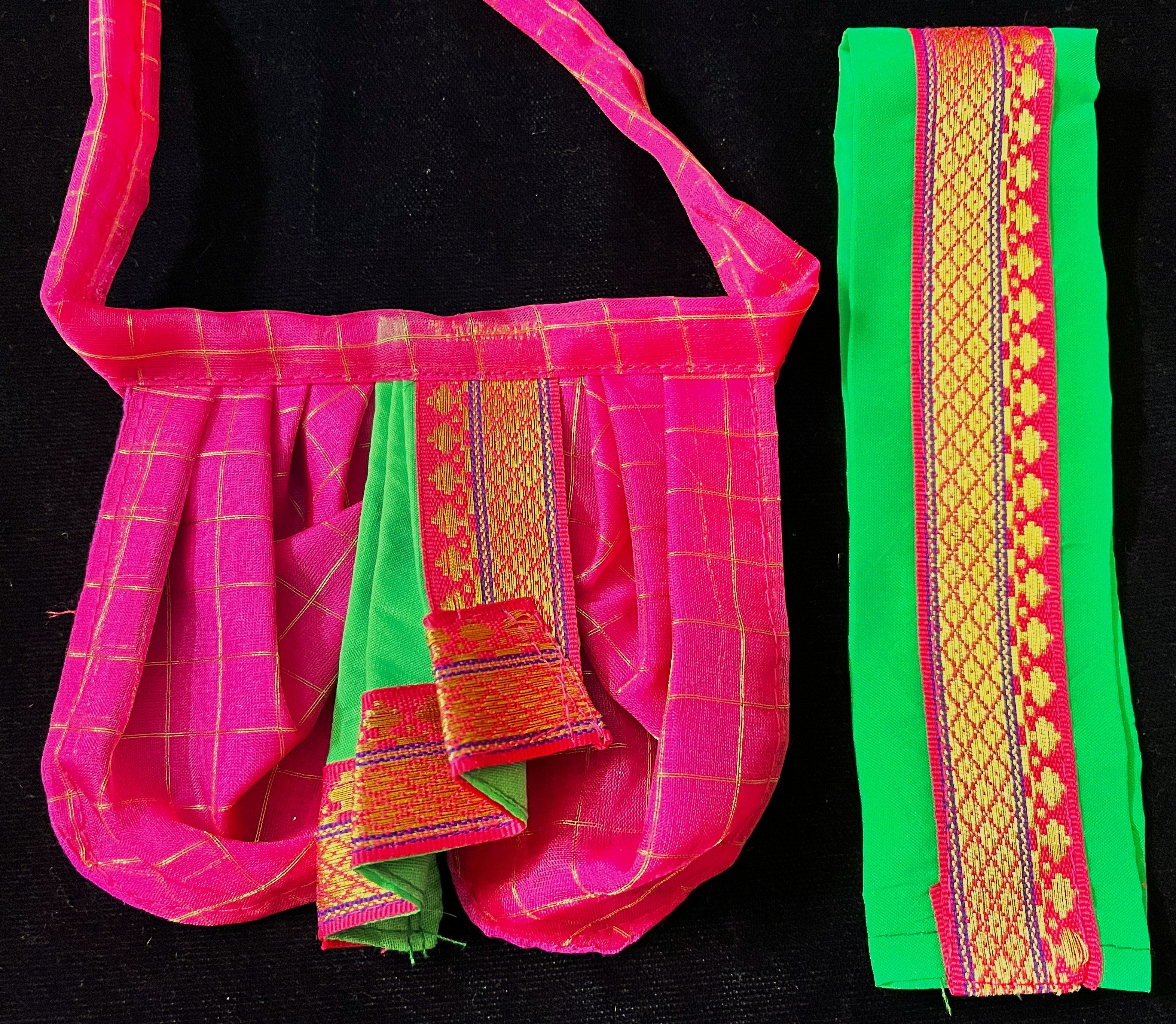 Deity dhoti and patka shalya / Uparna vastra made of Checks Organza Dhoti (Not Pure Silk) - Pink Dhoti with Parrot Green  running zari border and Parrot Green plain silk shalya with pink zari border 2