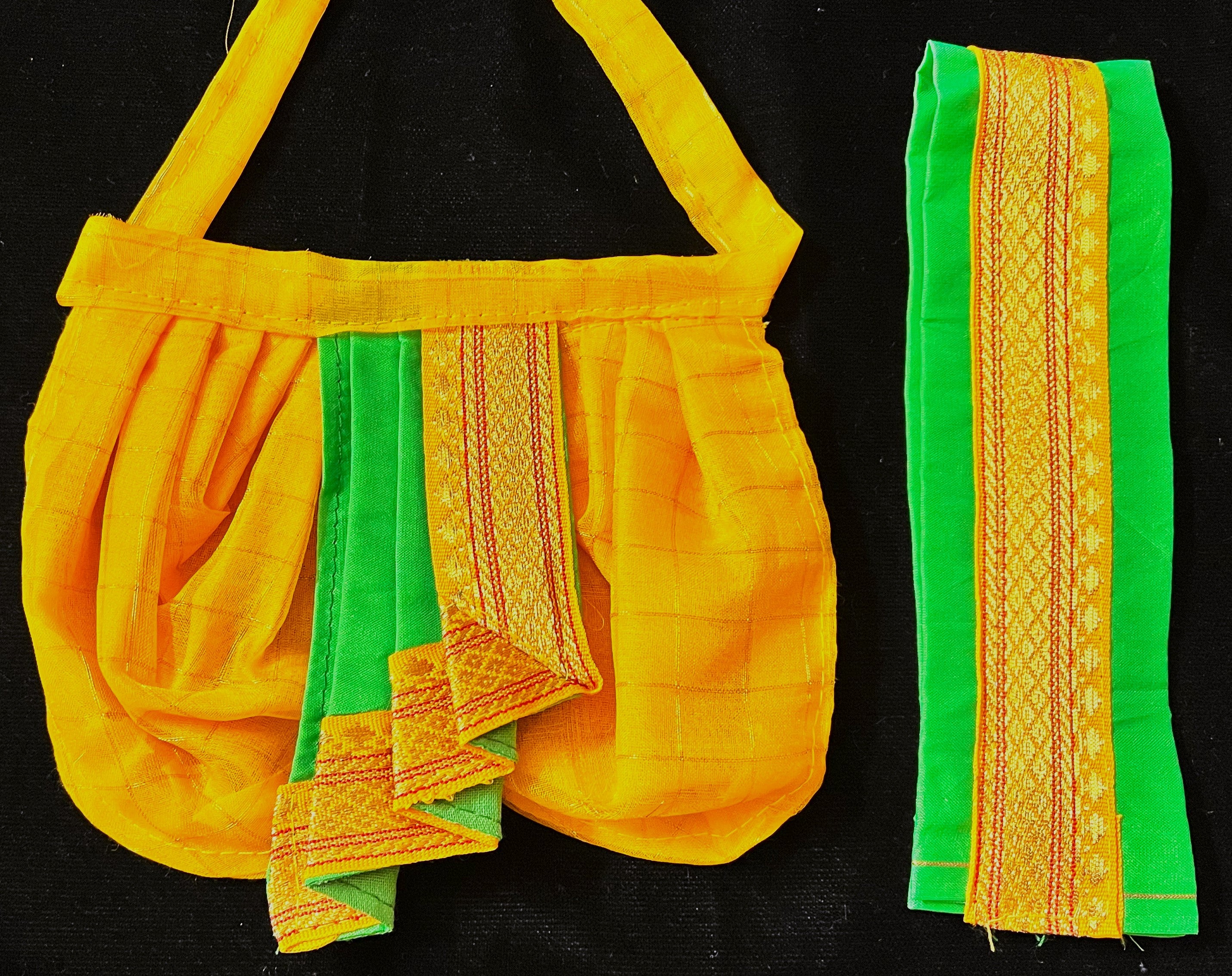 Deity dhoti and patka shalya / Uparna vastra made of Checks Organza Dhoti (Not Pure Silk) - Yellow Dhoti with Parrot  Green  running zari border and Parrot Green plain silk shalya with Yellow zari border 2