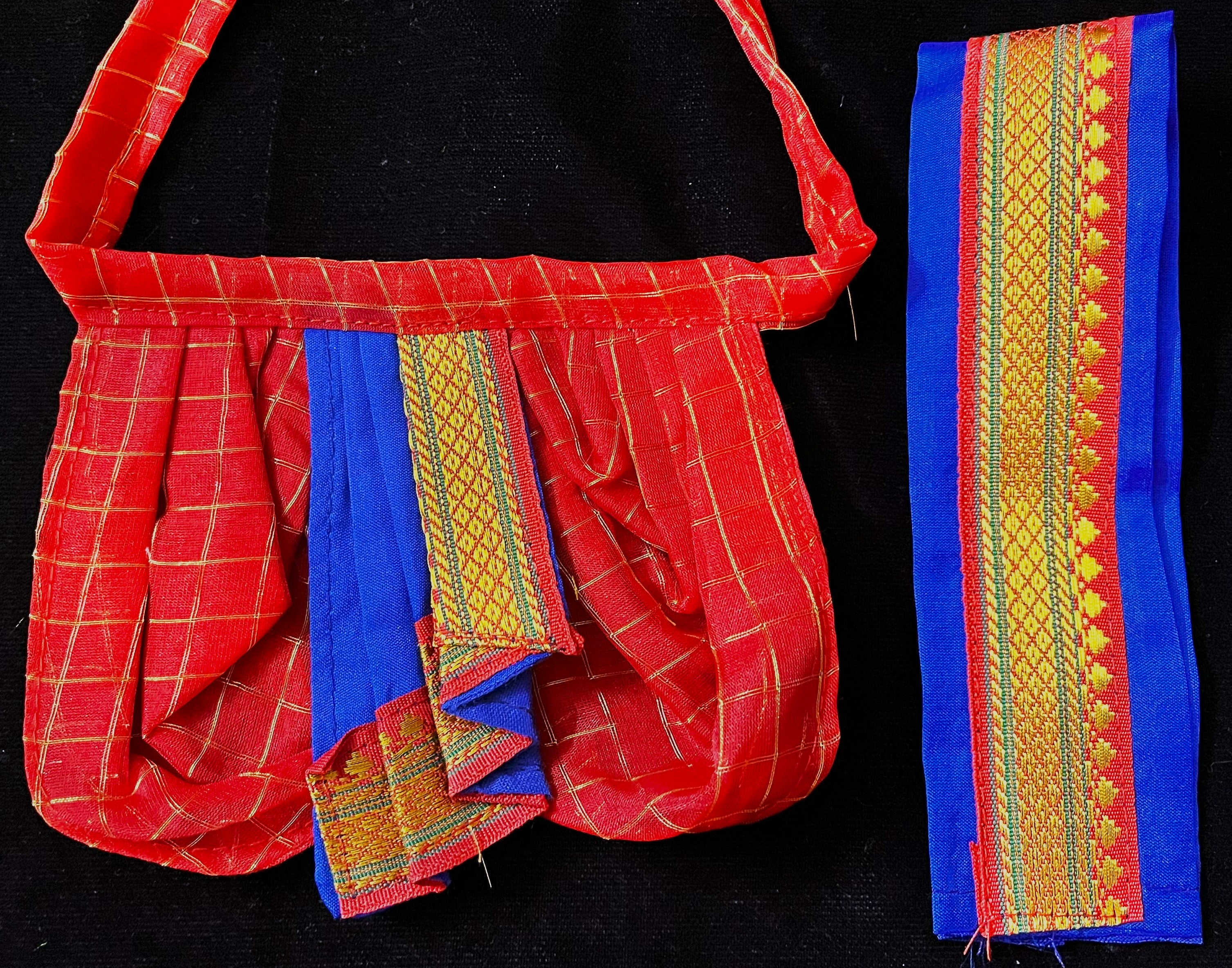 Deity dhoti and patka shalya / Uparna vastra made of Checks Organza Dhoti (Not Pure Silk) - Red Dhoti with Royal Blue  running zari border and Royal Blue plain silk shalya with red zari border 2