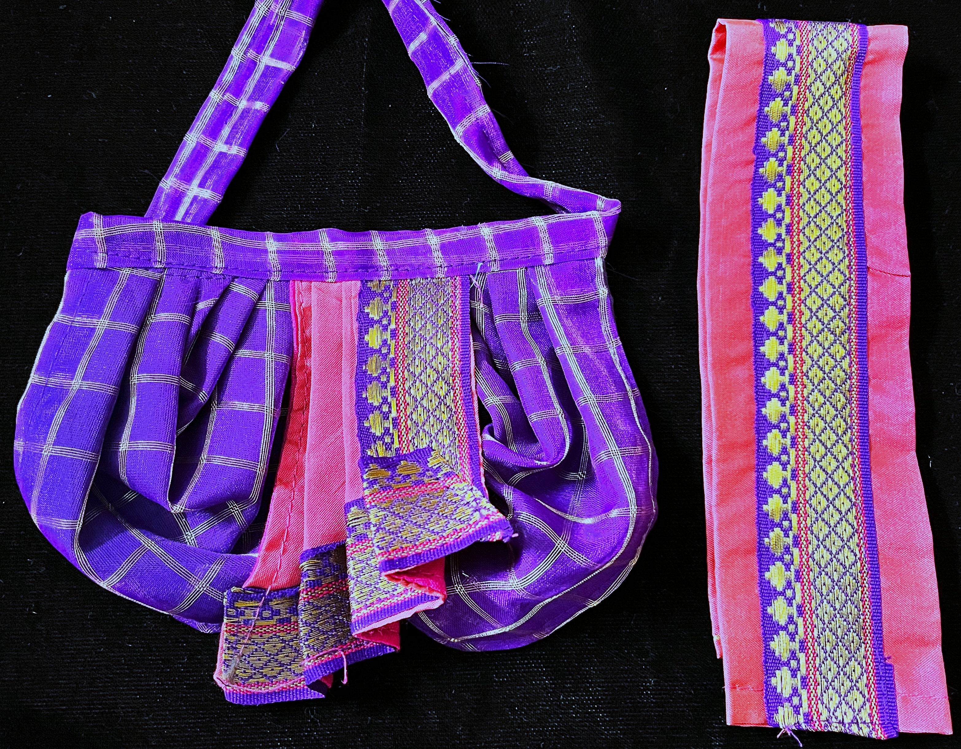 Deity dhoti and patka shalya / Uparna vastra made of Checks Organza Dhoti (Not Pure Silk) - Royal Blue Dhoti with Light Pink running zari border and Light Pink plain silk shalya with Royal Blue zari border 2