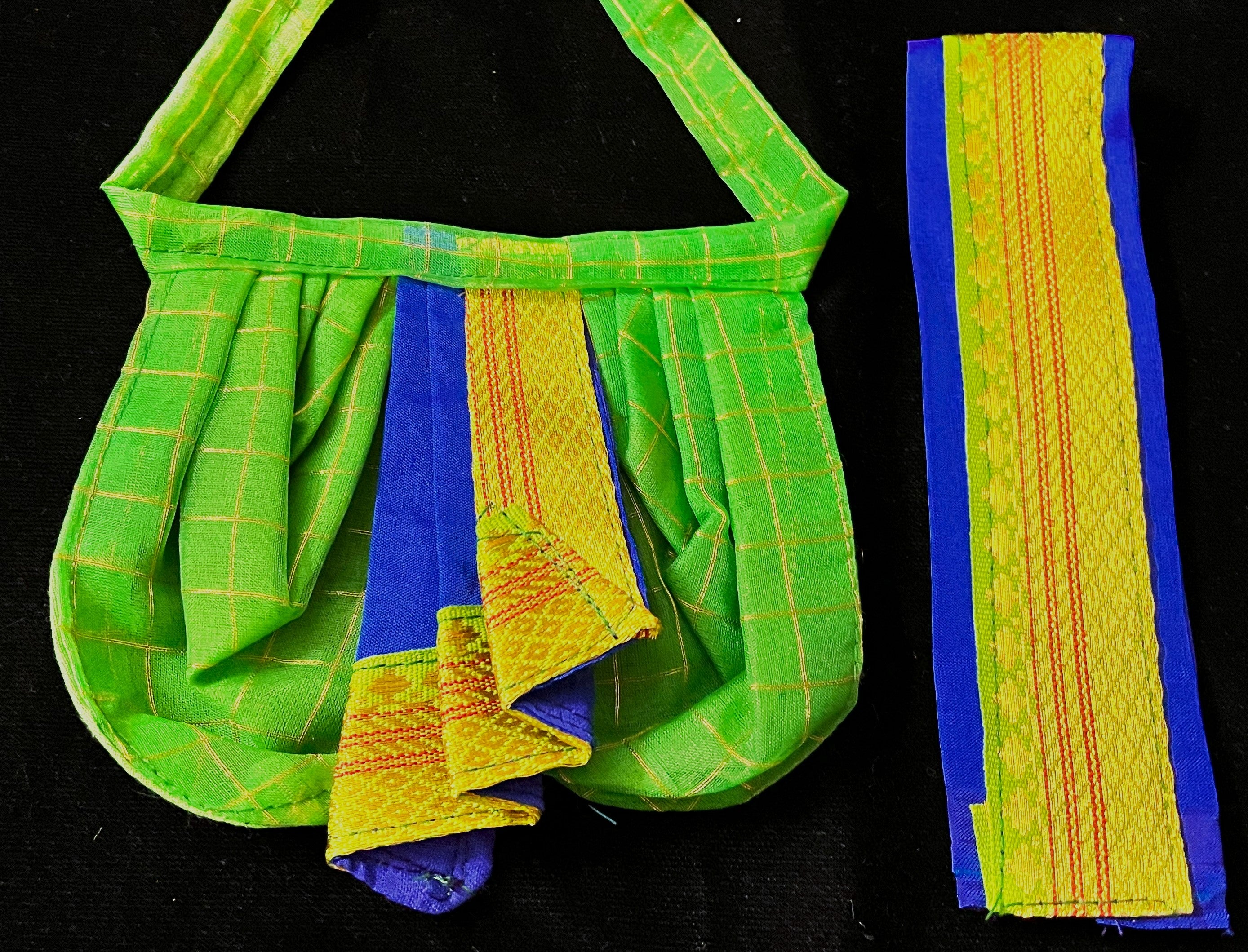 Deity dhoti and patka shalya / Uparna vastra made of Checks Organza Dhoti (Not Pure Silk) - Parrot green Dhoti with Royal Blue running zari border and Royal Blue plain silk shalya with parrot green zari border 2