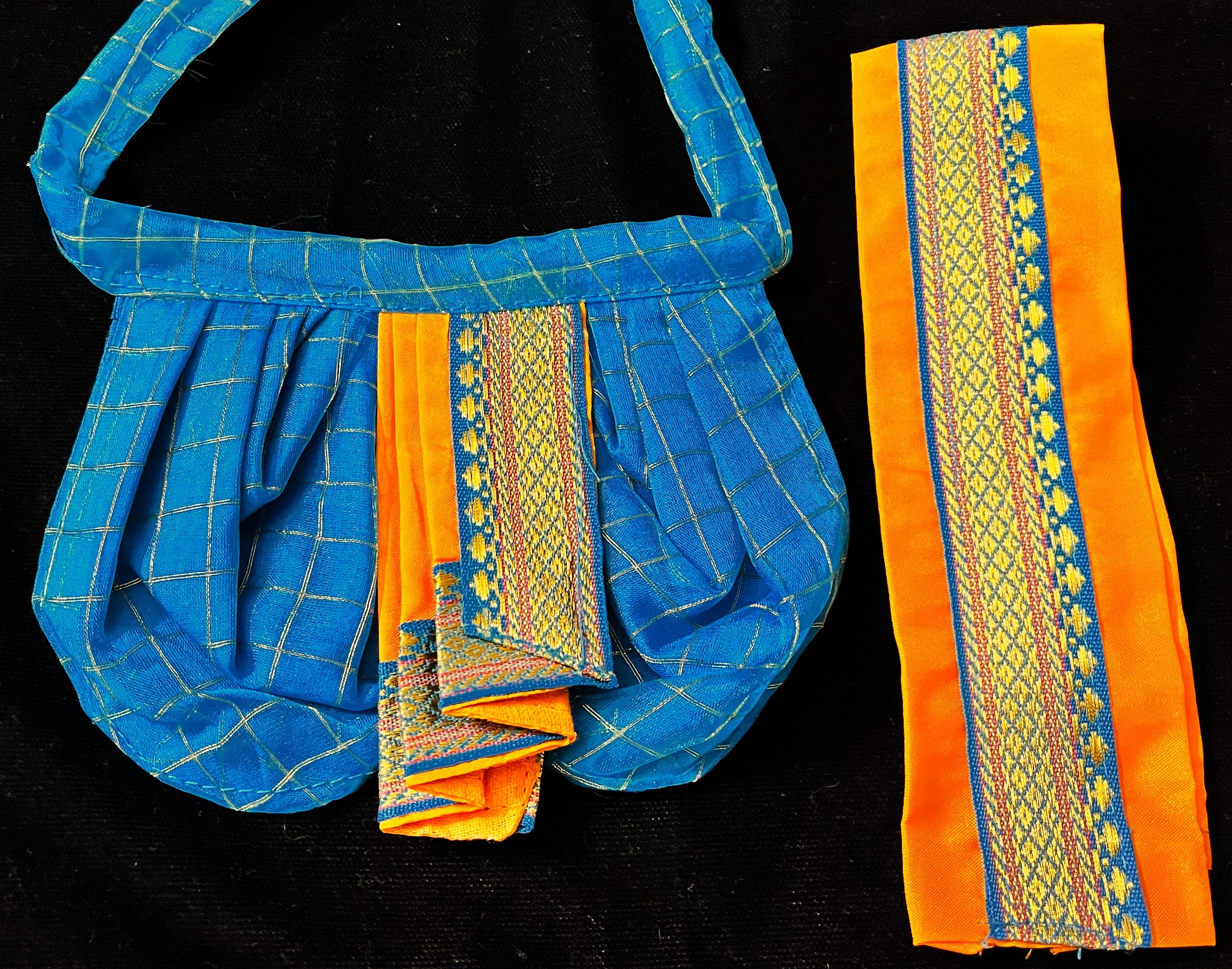 Deity dhoti and patka shalya / Uparna vastra made of Checks Organza Dhoti (Not Pure Silk) - Light Blue Dhoti with Orange  running zari border and Orange plain silk shalya with Light blue zari border 3