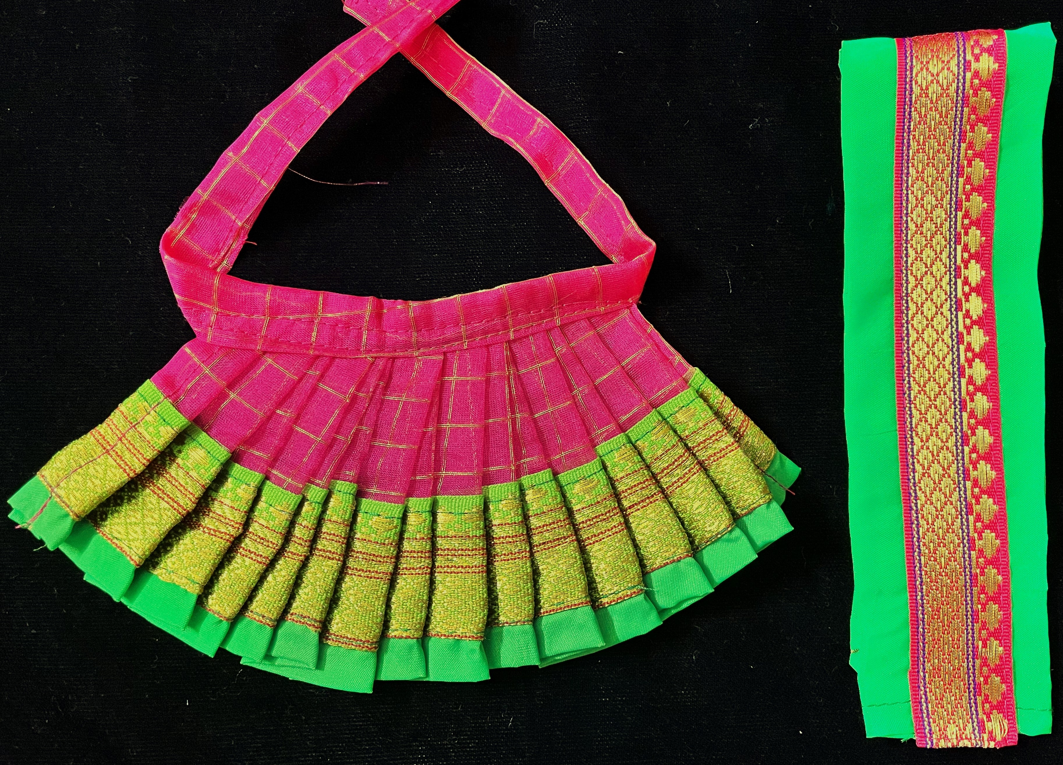 Deity half saree / lehenga patka made of Checks Organza Saree (Not Pure Silk) - Pink Lehenga with Parrot Green  running zari border and Parrot Green plain silk dupatta with pink zari border 3