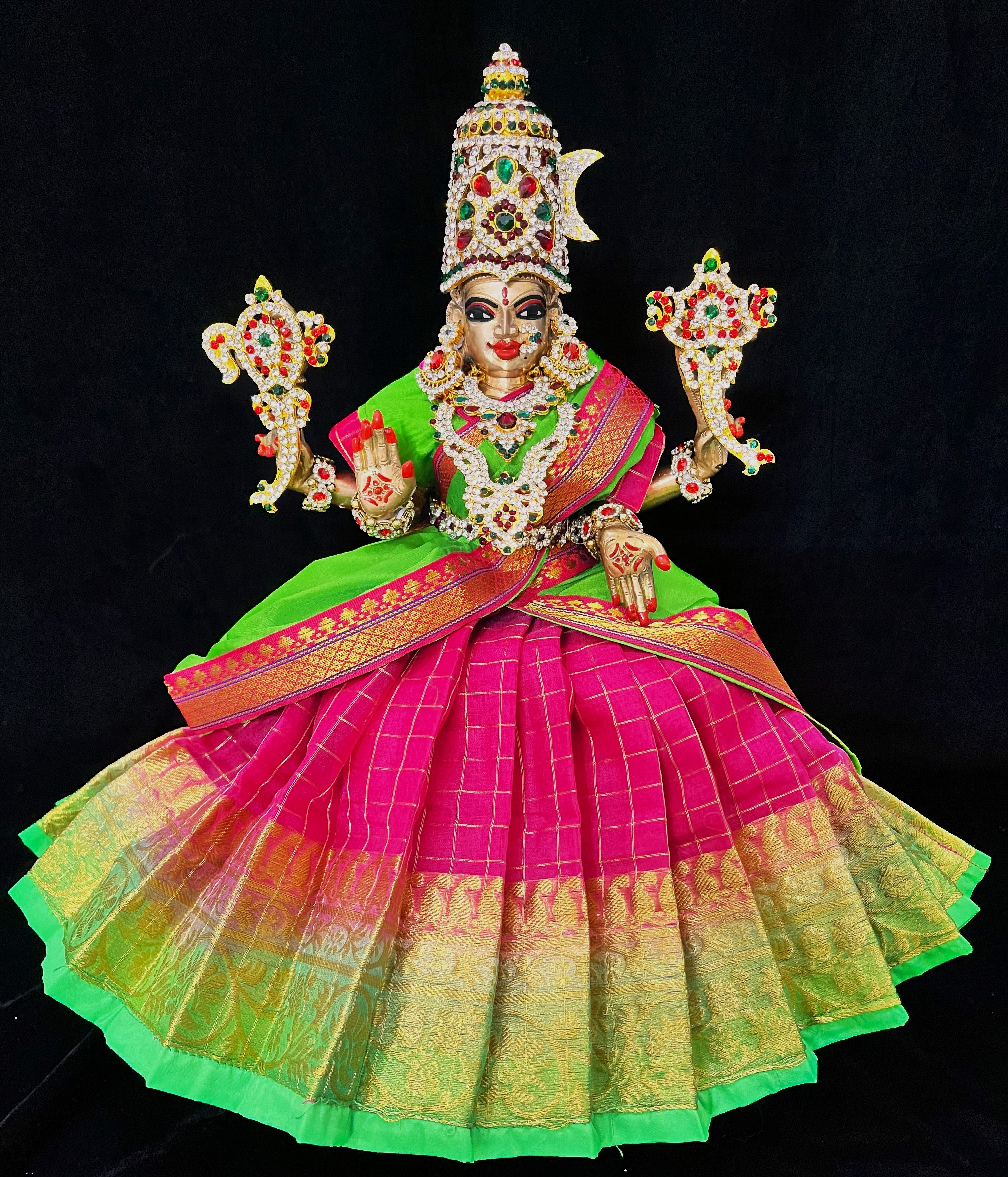 Deity half saree / lehenga patka made of Checks Organza Saree (Not Pure Silk) - Pink Lehenga with Parrot Green  running zari border and Parrot Green plain silk dupatta with pink zari border 1