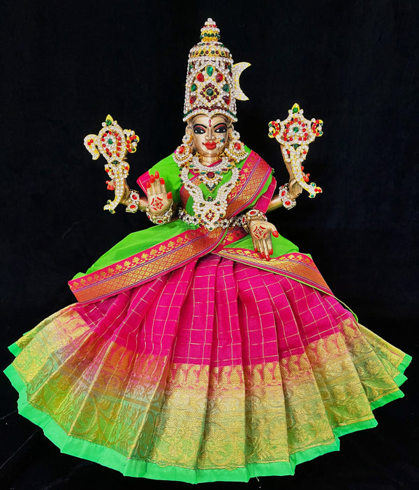 Deity half saree / lehenga patka made of Checks Organza Saree (Not Pure Silk) - Pink Lehenga with Parrot Green  running zari border and Parrot Green plain silk dupatta with pink zari border