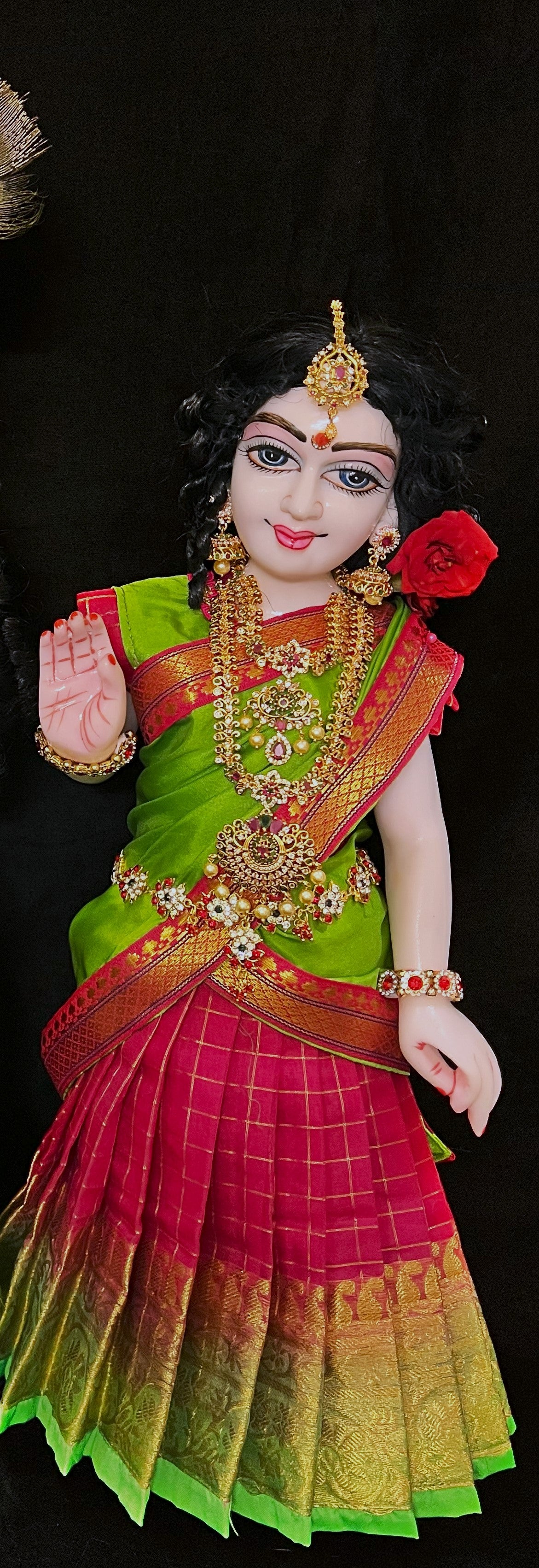 Deity half saree / lehenga patka made of Checks Organza Saree (Not Pure Silk) - Pink Lehenga with Parrot Green  running zari border and Parrot Green plain silk dupatta with pink zari border 2