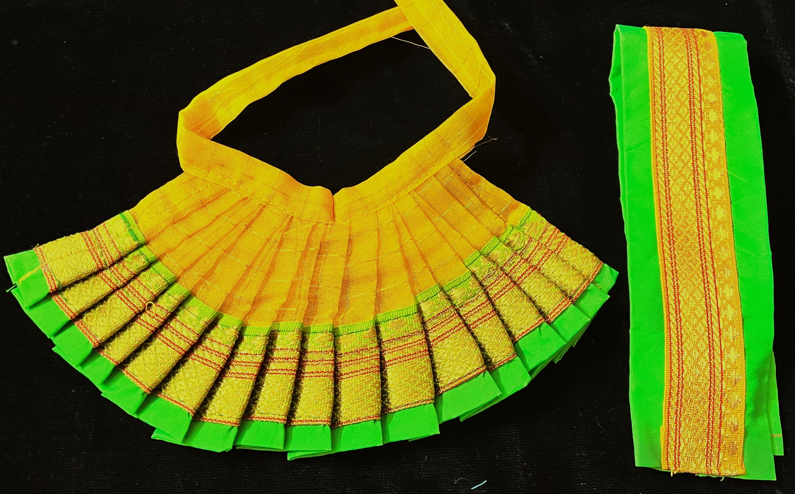Deity half saree / lehenga patka made of Checks Organza Saree (Not Pure Silk) - Yellow Lehenga with Parrot  Green  running zari border and Parrot Green plain silk dupatta with Yellow zari border 3