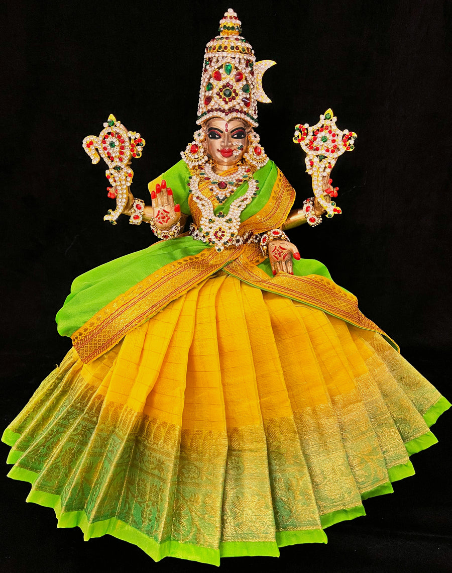 Deity half saree / lehenga patka made of Checks Organza Saree (Not Pure Silk) - Yellow Lehenga with Parrot  Green  running zari border and Parrot Green plain silk dupatta with Yellow zari border