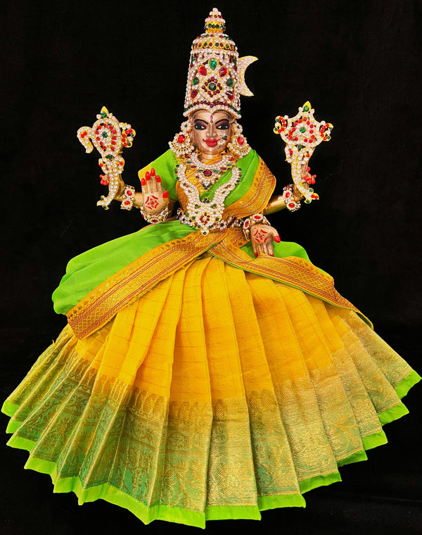 Deity half saree / lehenga patka made of Checks Organza Saree (Not Pure Silk) - Yellow Lehenga with Parrot  Green  running zari border and Parrot Green plain silk dupatta with Yellow zari border
