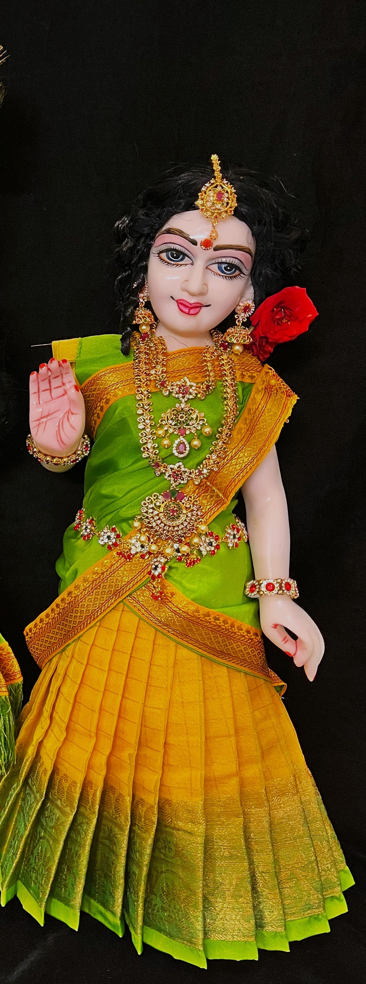 Deity half saree / lehenga patka made of Checks Organza Saree (Not Pure Silk) - Yellow Lehenga with Parrot  Green  running zari border and Parrot Green plain silk dupatta with Yellow zari border 2
