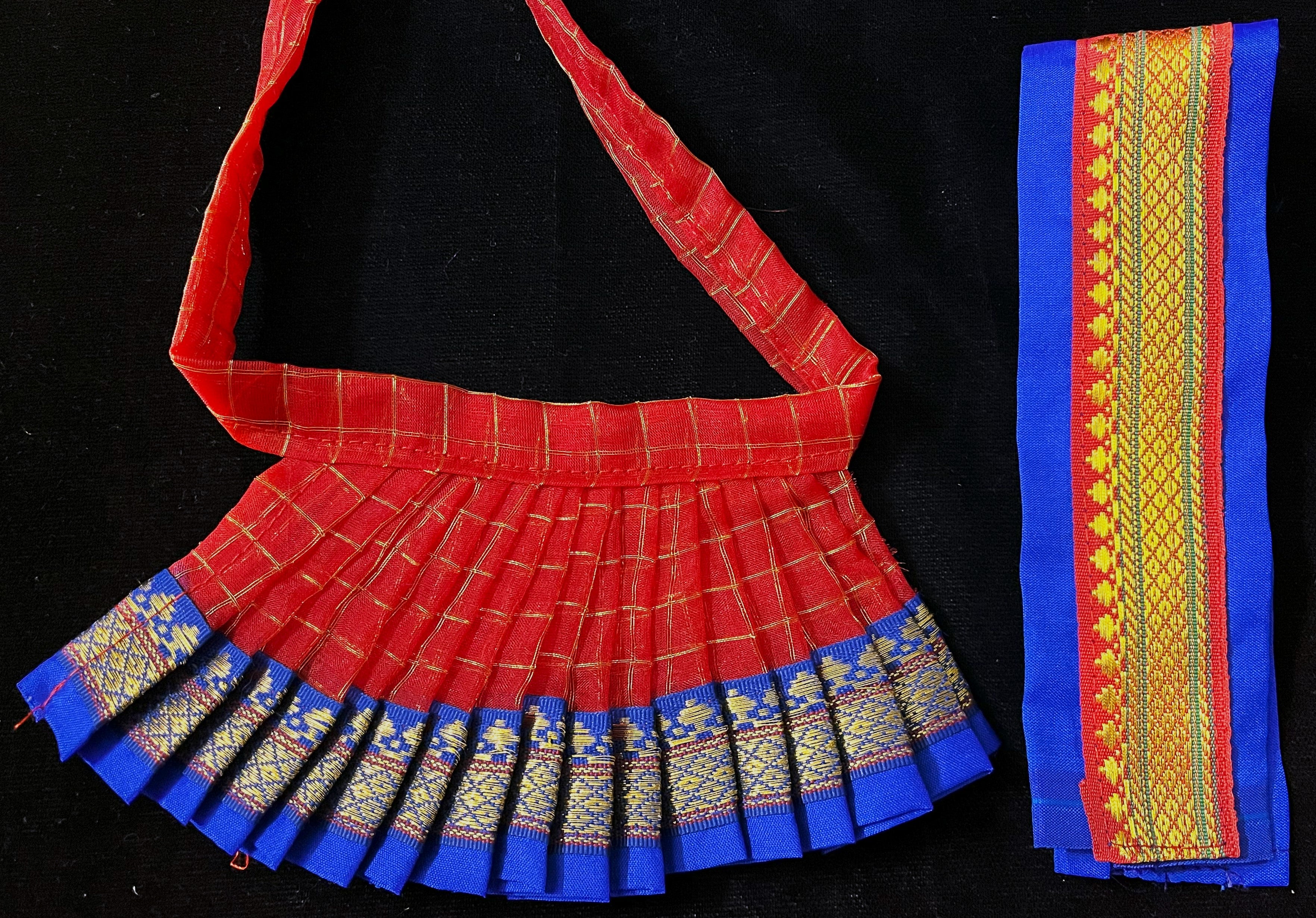Deity half saree / lehenga patka made of Checks Organza Saree (Not Pure Silk) - Red Lehenga with Royal Blue  running zari border and Royal Blue plain silk dupatta with red zari border 3