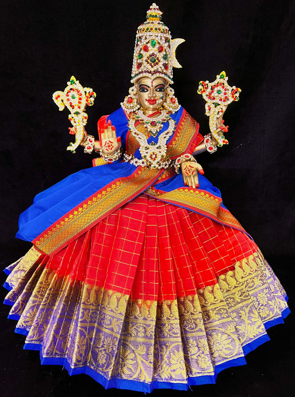 Deity half saree / lehenga patka made of Checks Organza Saree (Not Pure Silk) - Red Lehenga with Royal Blue  running zari border and Royal Blue plain silk dupatta with red zari border