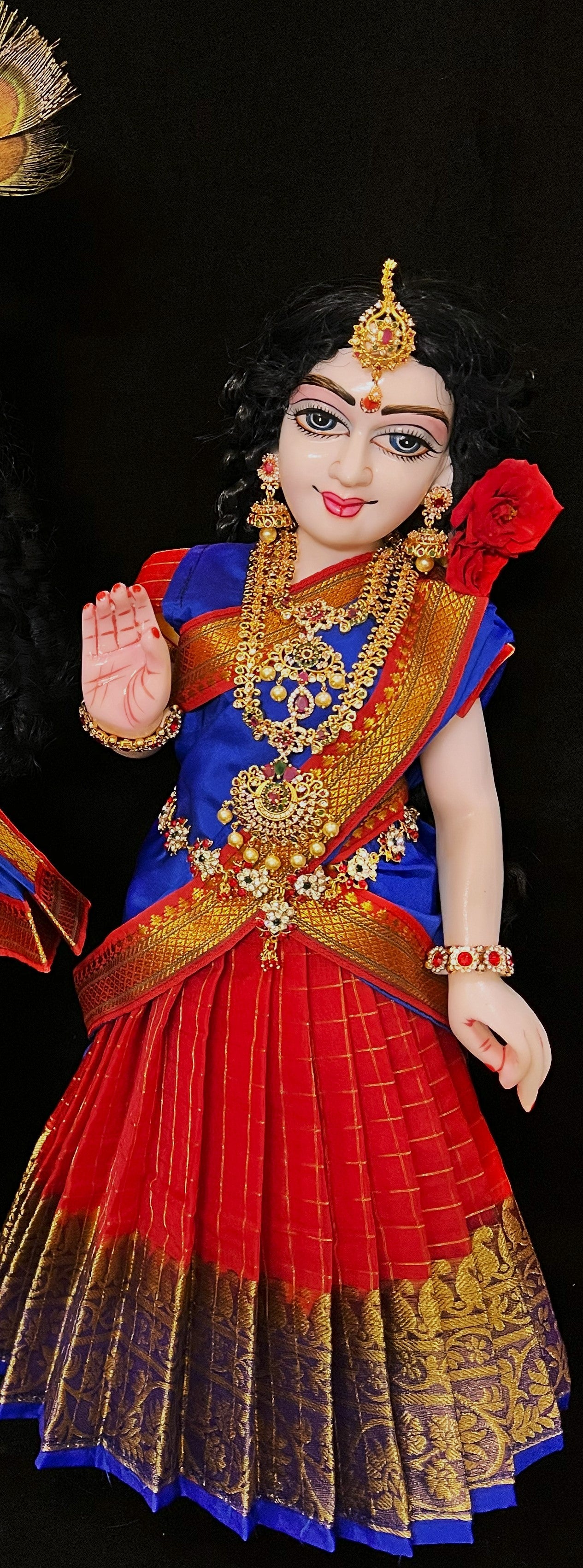 Deity half saree / lehenga patka made of Checks Organza Saree (Not Pure Silk) - Red Lehenga with Royal Blue  running zari border and Royal Blue plain silk dupatta with red zari border 2