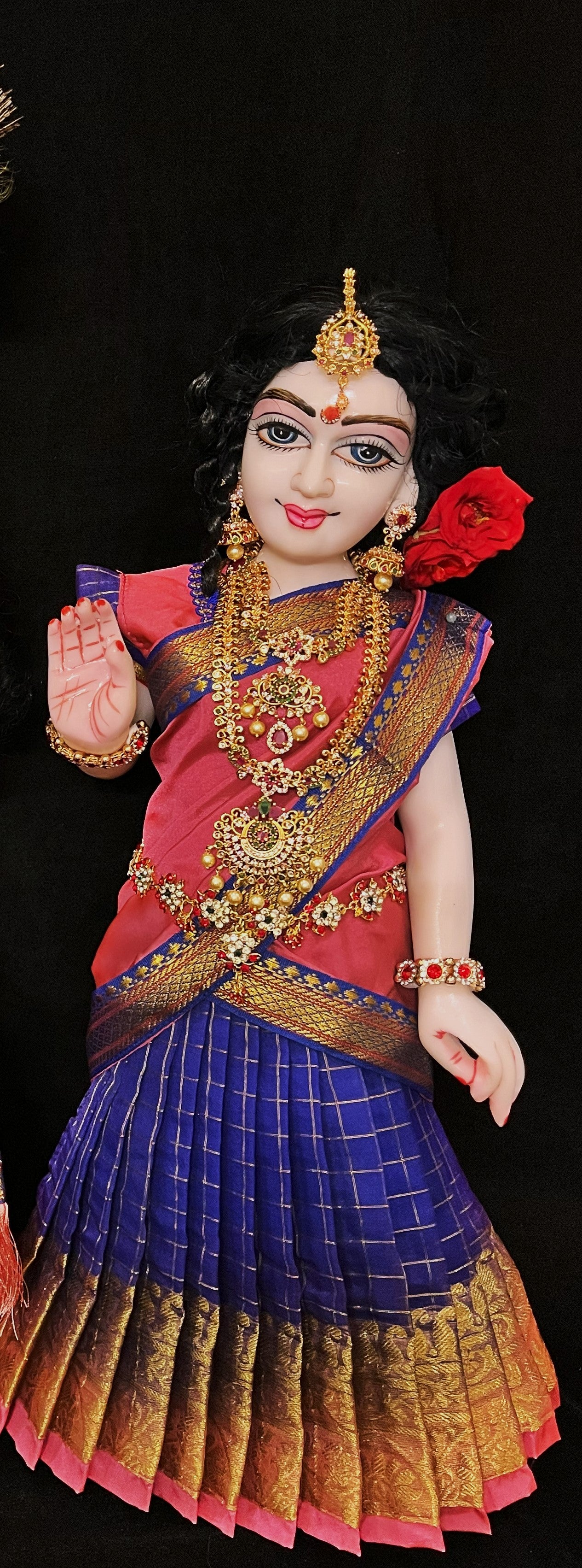 Deity half saree / lehenga patka made of Checks Organza Saree (Not Pure Silk) - Royal Blue Lehenga with Light Pink running zari border and Light Pink plain silk dupatta with Royal Blue zari border 2