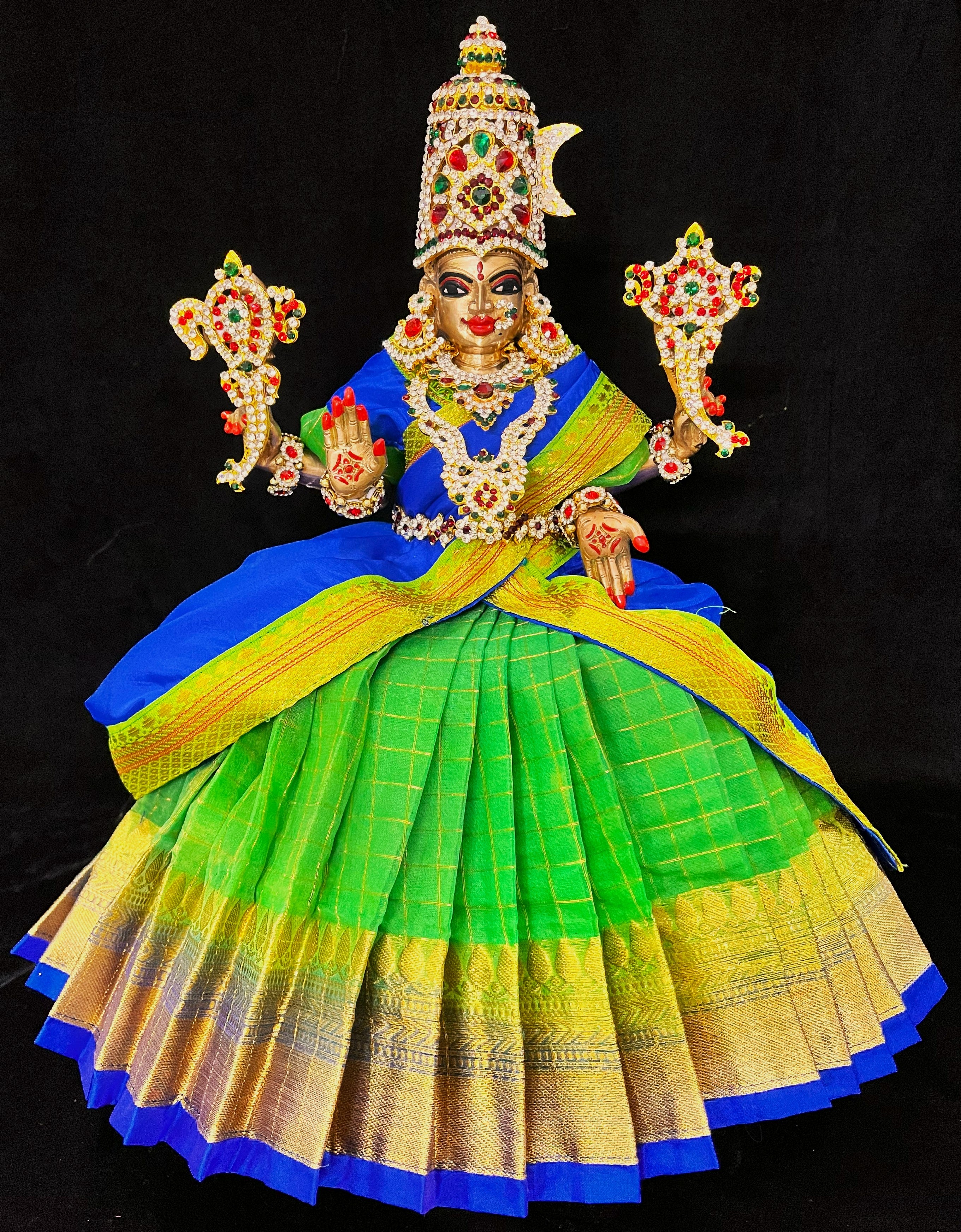 Deity half saree / lehenga patka made of Checks Organza Saree (Not Pure Silk) - Parrot green Lehenga with Royal Blue running zari border and Royal Blue plain silk dupatta with parrot green zari border 1