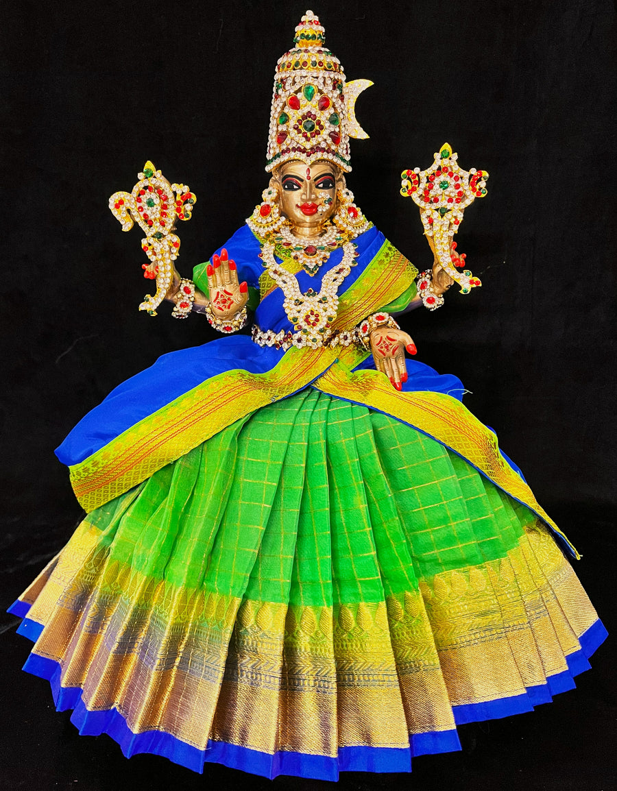Deity half saree / lehenga patka made of Checks Organza Saree (Not Pure Silk) - Parrot green Lehenga with Royal Blue running zari border and Royal Blue plain silk dupatta with parrot green zari border