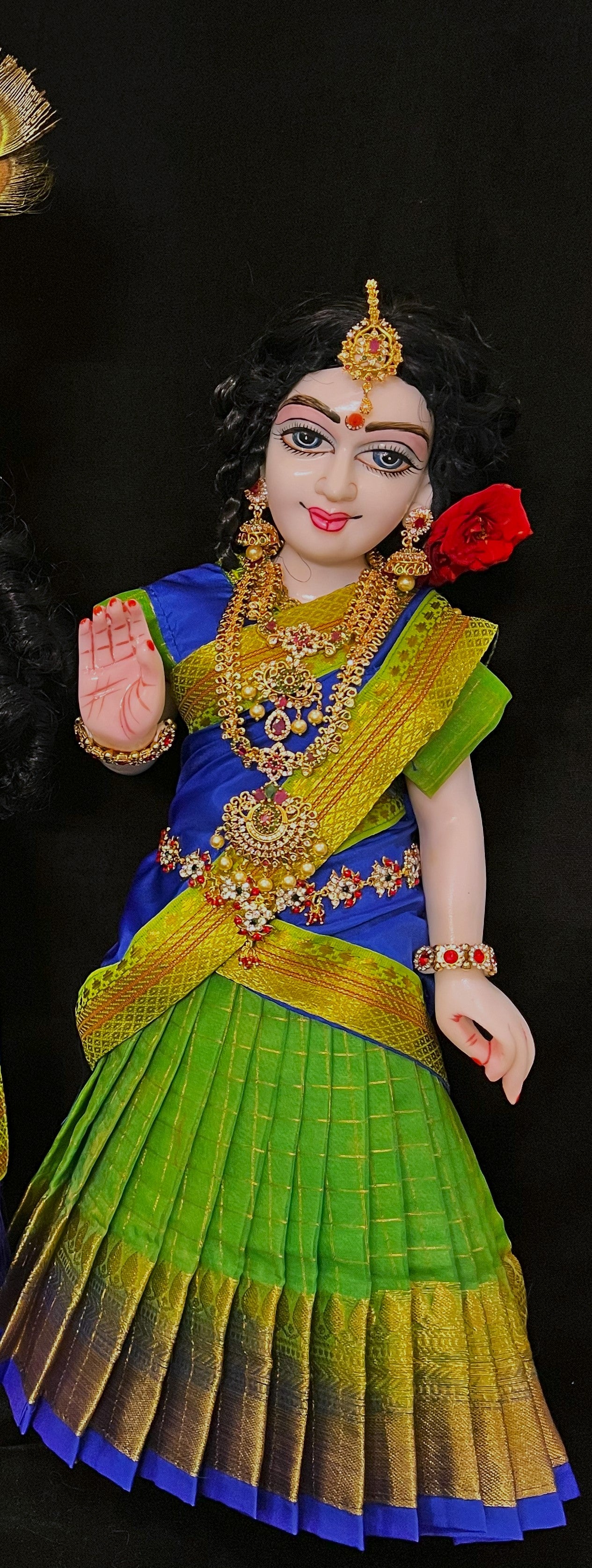 Deity half saree / lehenga patka made of Checks Organza Saree (Not Pure Silk) - Parrot green Lehenga with Royal Blue running zari border and Royal Blue plain silk dupatta with parrot green zari border 2