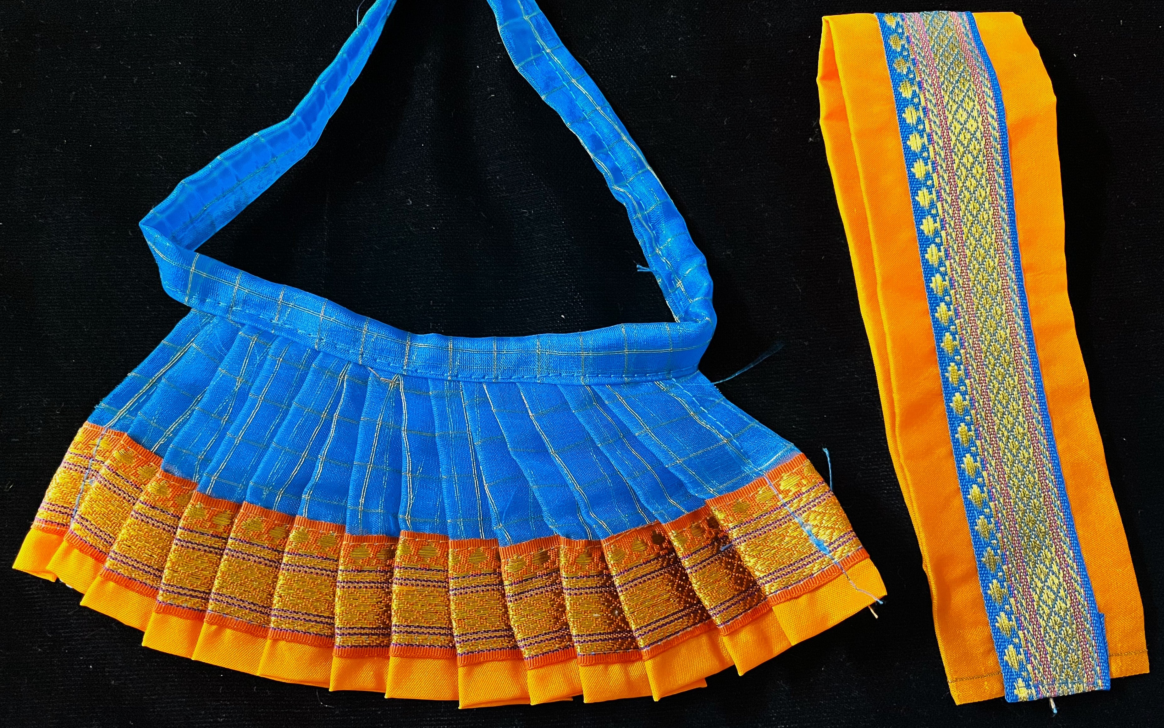 Deity half saree / lehenga patka made of Checks Organza Saree (Not Pure Silk) - Light Blue Lehenga with Orange  running zari border and Orange plain silk dupatta with Light blue zari border 3