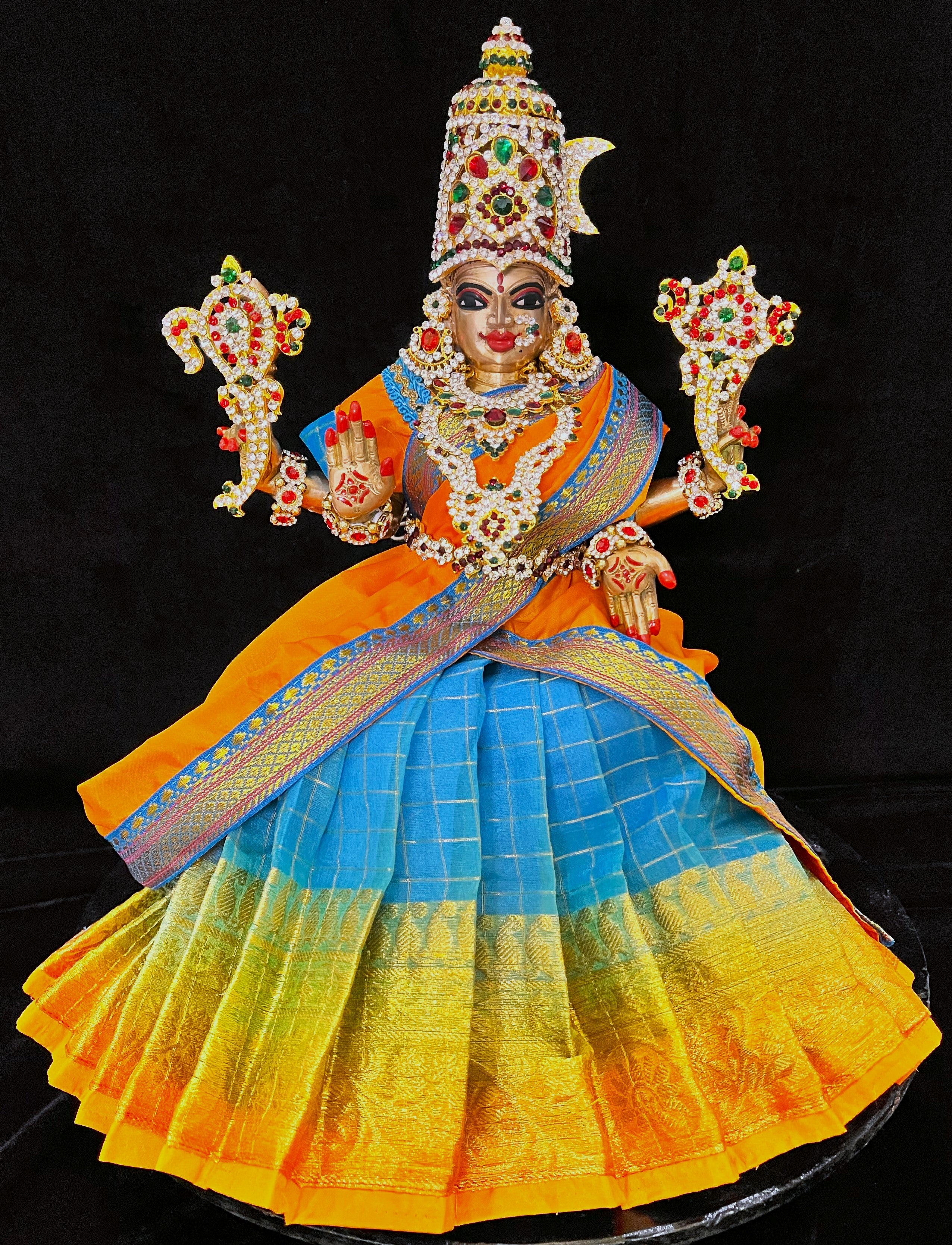 Deity half saree / lehenga patka made of Checks Organza Saree (Not Pure Silk) - Light Blue Lehenga with Orange  running zari border and Orange plain silk dupatta with Light blue zari border 5