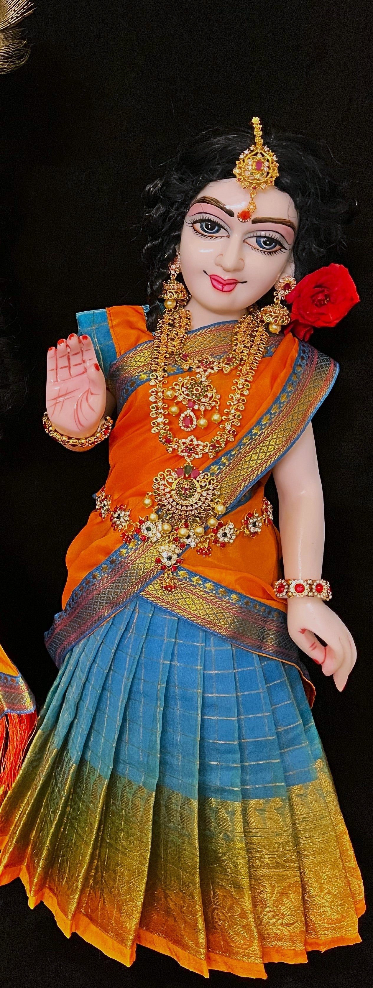 Deity half saree / lehenga patka made of Checks Organza Saree (Not Pure Silk) - Light Blue Lehenga with Orange  running zari border and Orange plain silk dupatta with Light blue zari border 2