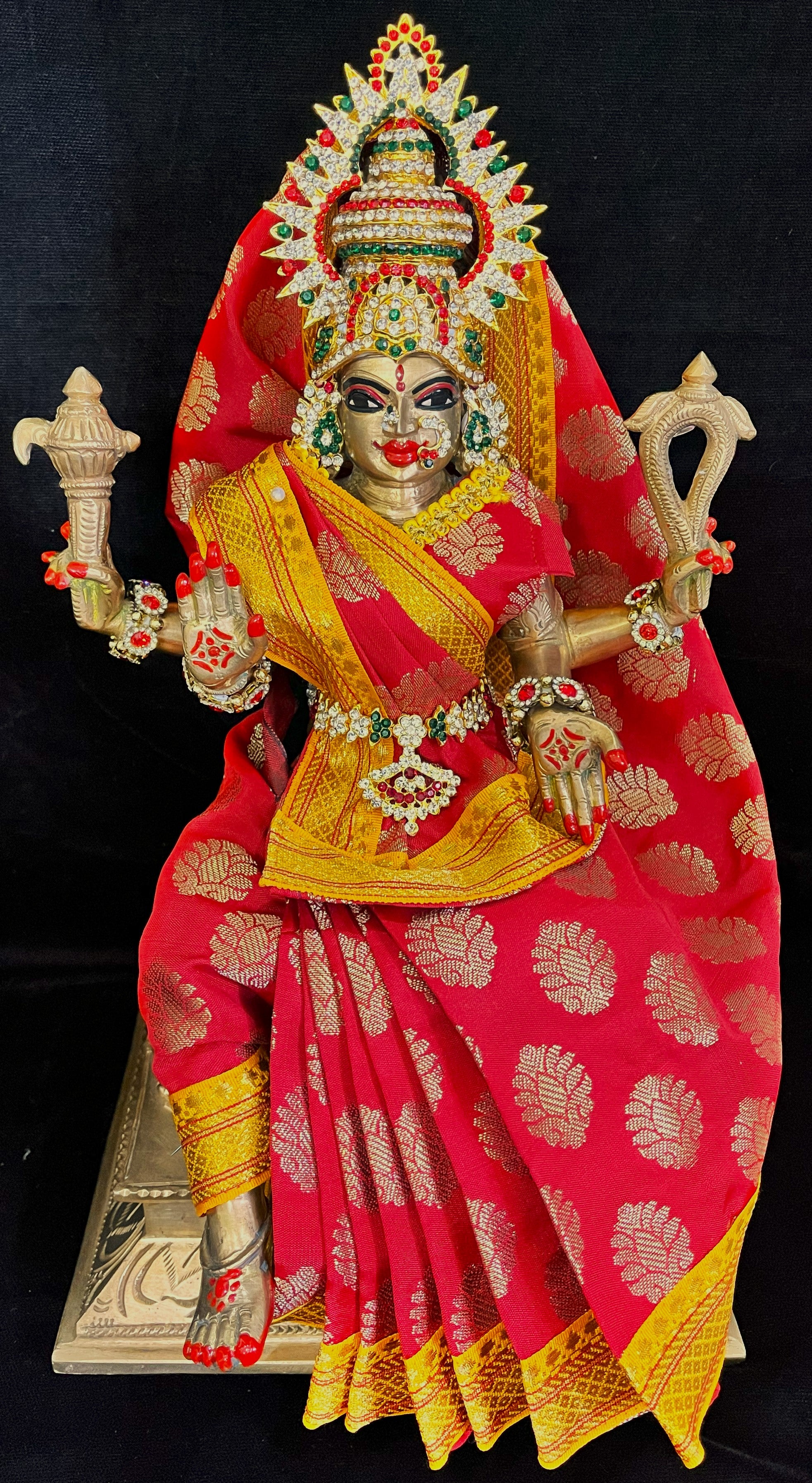 Royal Pre-Stitched Tapeta Silk Devi Saree - Red Saree with Yellow border 1