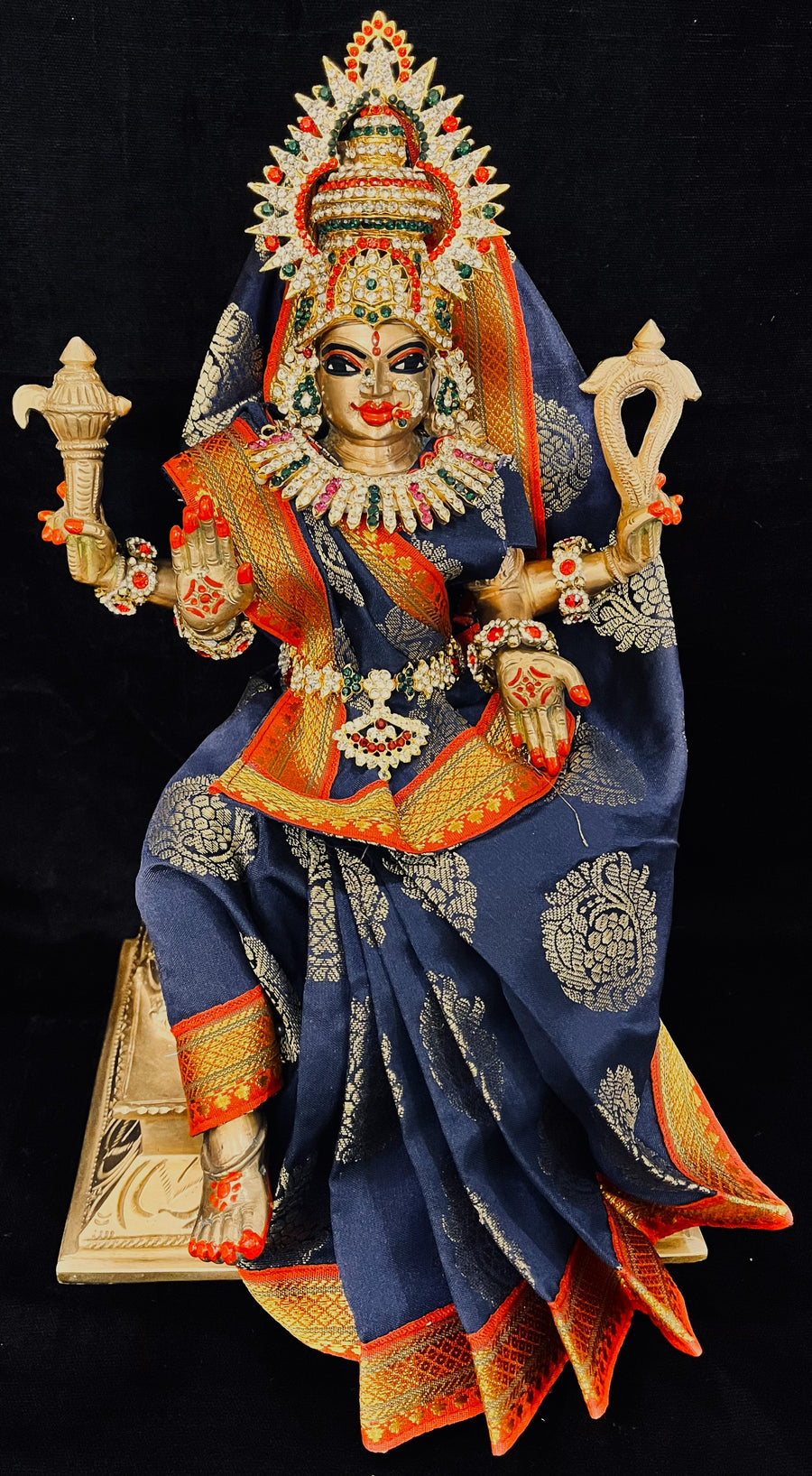 Royal Pre-Stitched Tapeta Silk Devi Saree - Navy Blue Saree with Red border