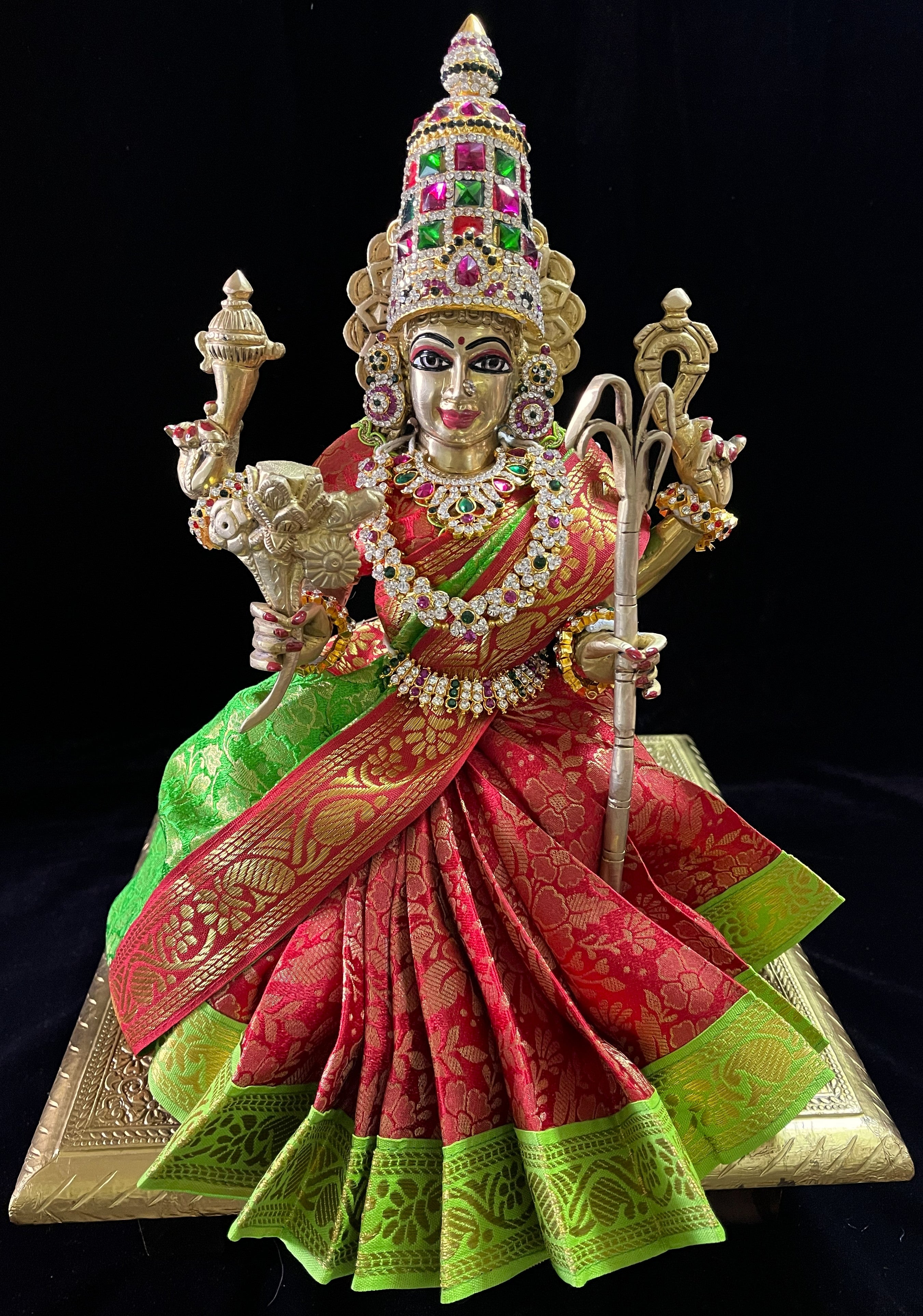 Devi, Durga, Kali, Radha Pre stiched Saree,  made of Brocade Silk (not pure silk) in Red and Parrot Green Contrast - Red Pre plated saree with Parrot Green Contrast 2