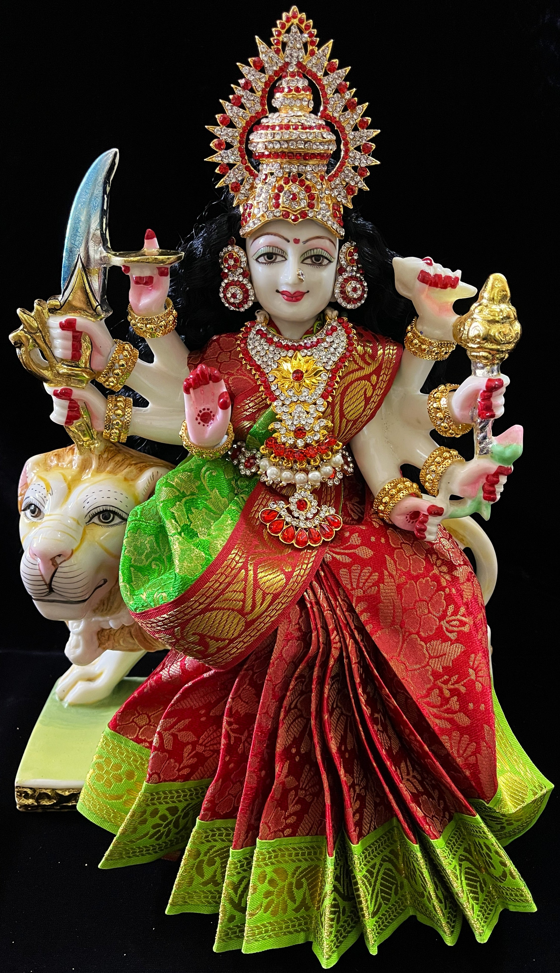 Devi, Durga, Kali, Radha Pre stiched Saree,  made of Brocade Silk (not pure silk) in Red and Parrot Green Contrast - Red Pre plated saree with Parrot Green Contrast 1