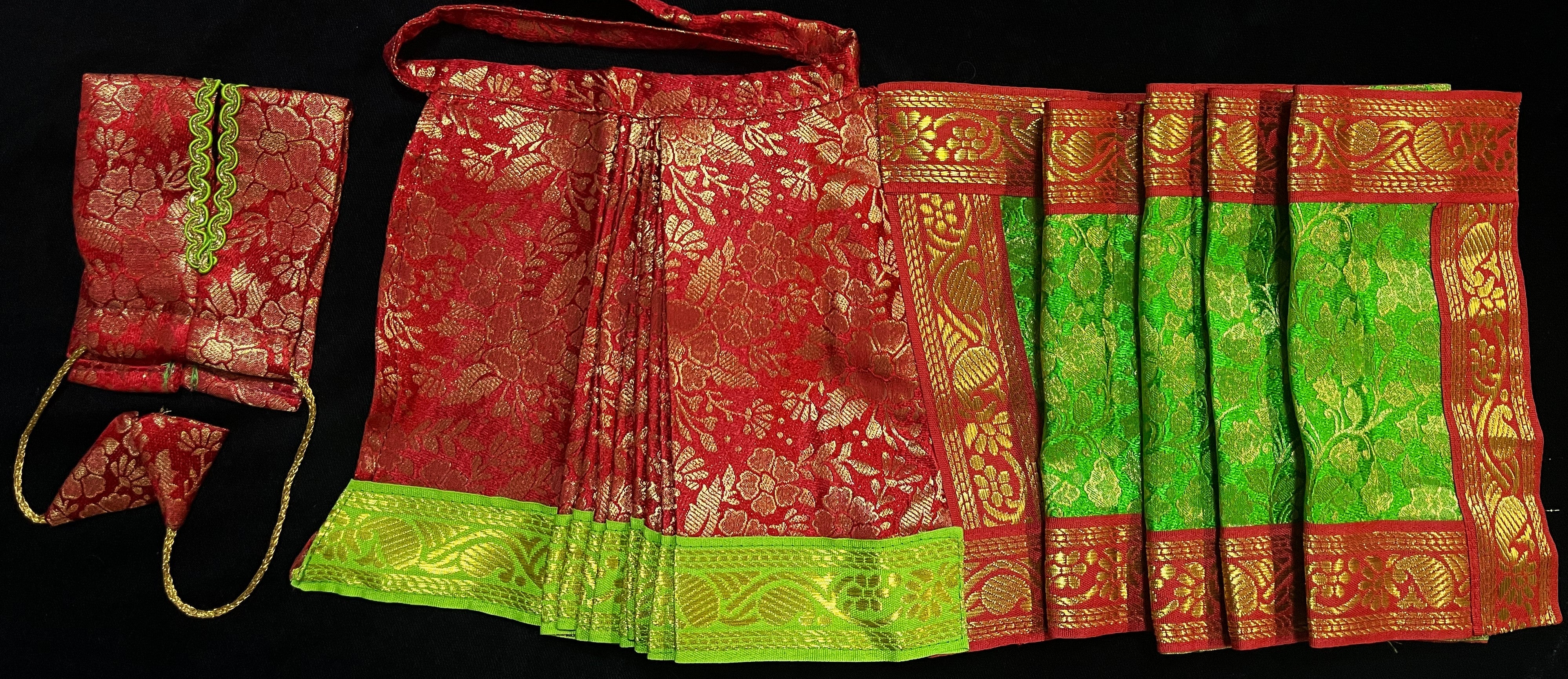 Devi, Durga, Kali, Radha Pre stiched Saree,  made of Brocade Silk (not pure silk) in Red and Parrot Green Contrast - Red Pre plated saree with Parrot Green Contrast 3