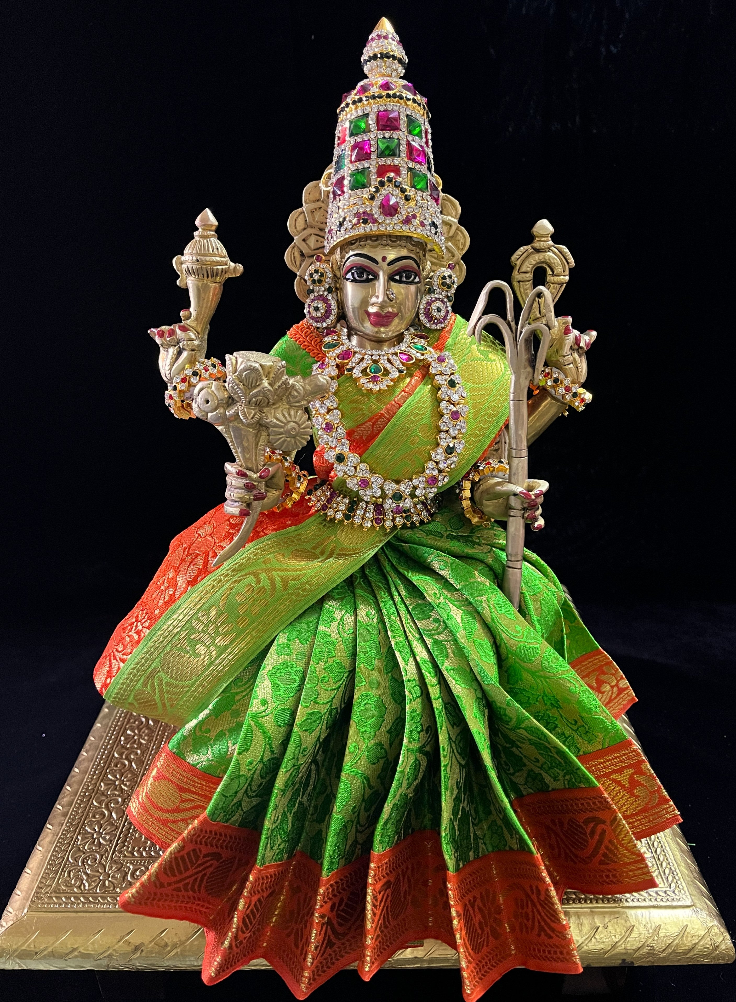 Devi, Durga, Kali, Radha Pre stiched Saree,  made of Brocade Silk (not pure silk) in Parrot Green and Orange Contrast - Parrot Green Pre plated saree with Orange Contrast 2