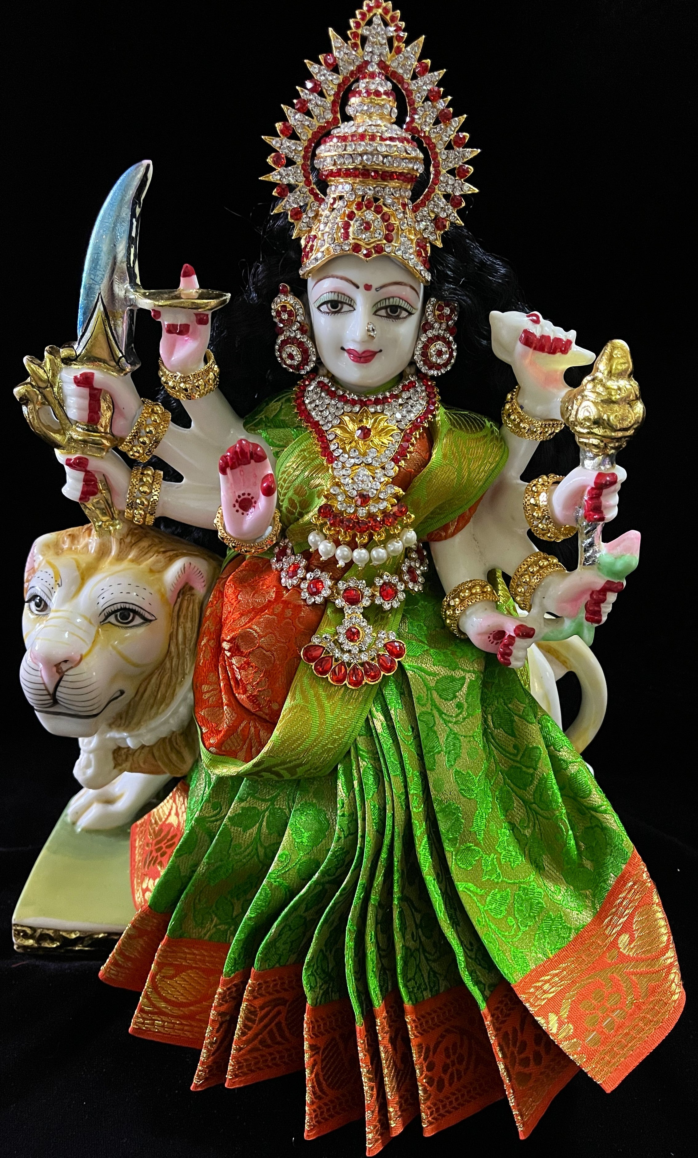 Devi, Durga, Kali, Radha Pre stiched Saree,  made of Brocade Silk (not pure silk) in Parrot Green and Orange Contrast - Parrot Green Pre plated saree with Orange Contrast 1