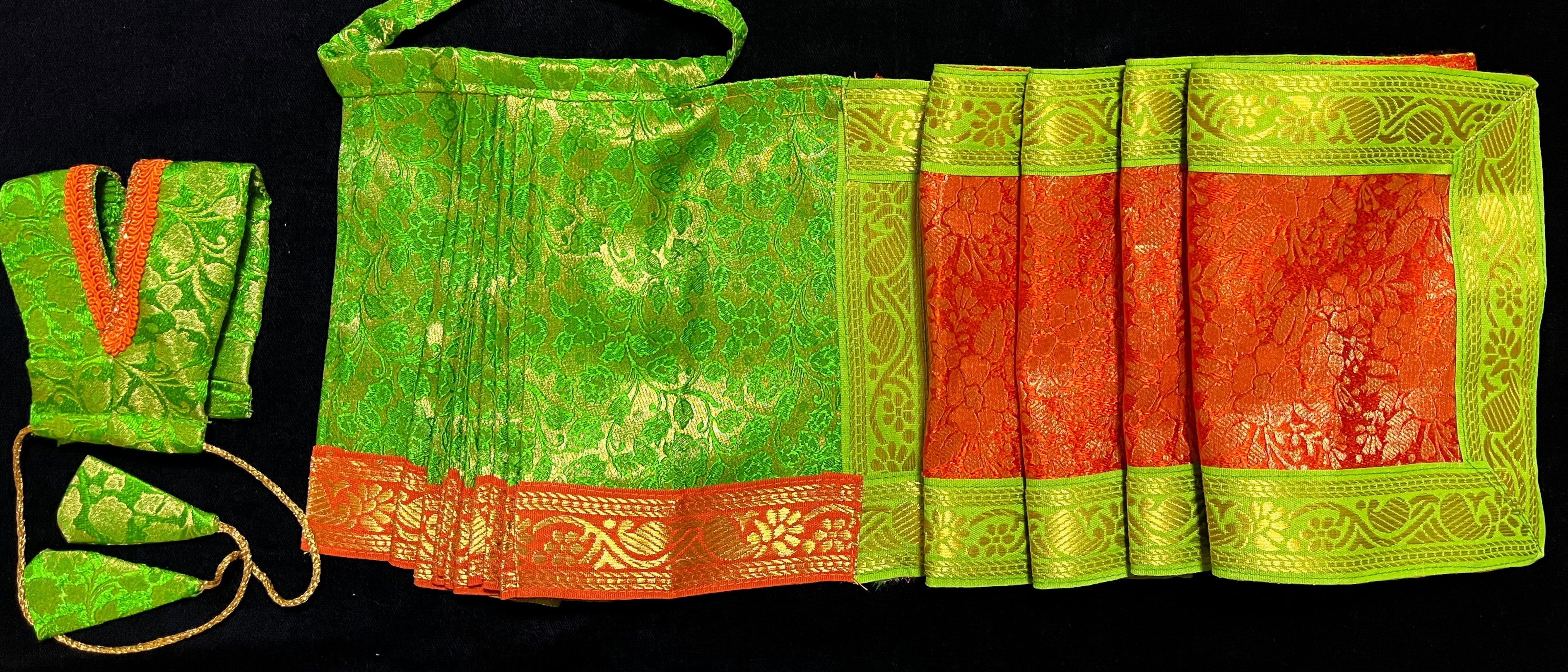 Devi, Durga, Kali, Radha Pre stiched Saree,  made of Brocade Silk (not pure silk) in Parrot Green and Orange Contrast - Parrot Green Pre plated saree with Orange Contrast 3