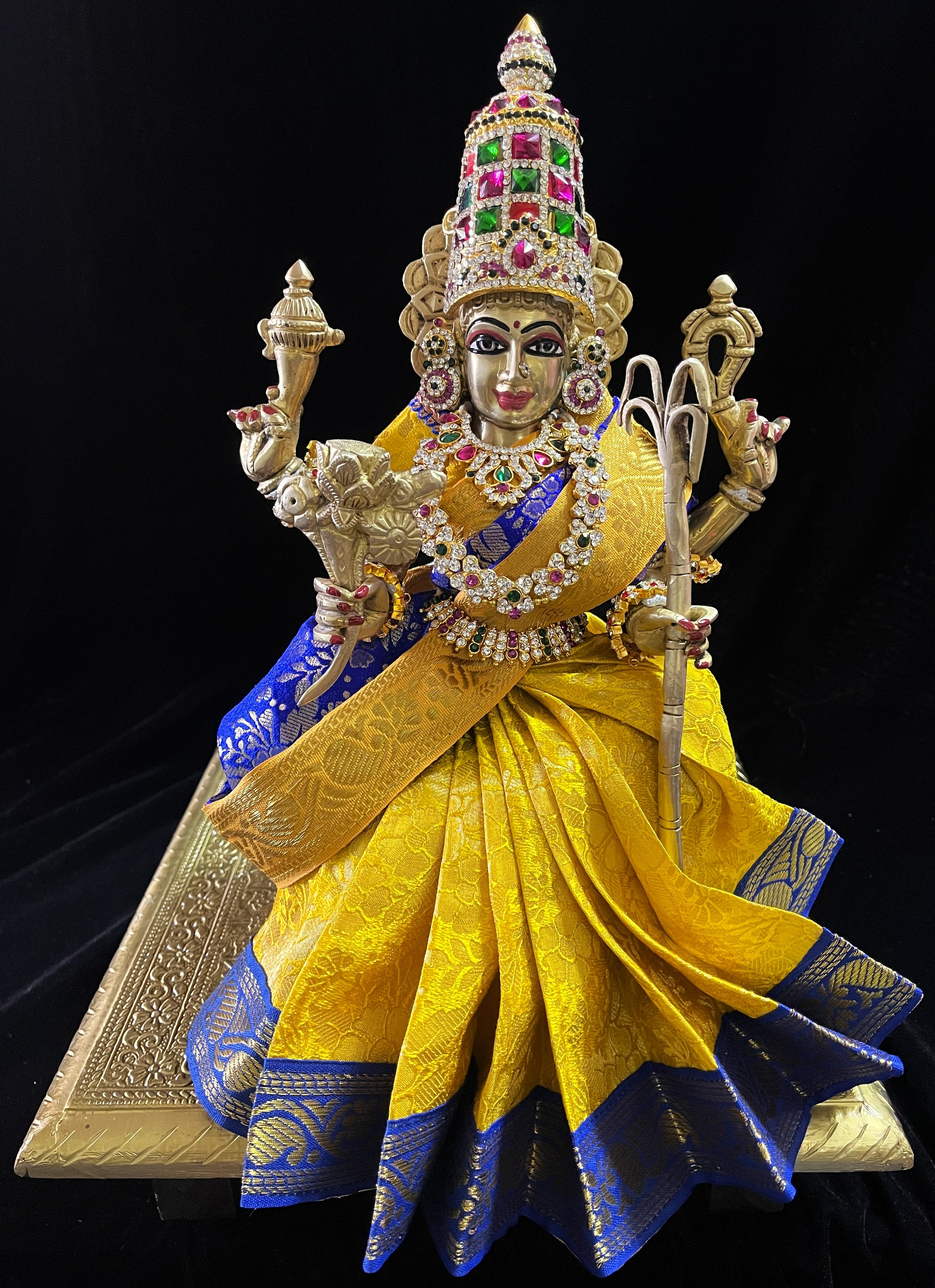 Devi, Durga, Kali, Radha Pre stiched Saree,  made of Brocade Silk (not pure silk) in Yellow Pre plated saree with Royal Blue  Contrast - Yellow Pre plated saree with Royal Blue  Contrast 2