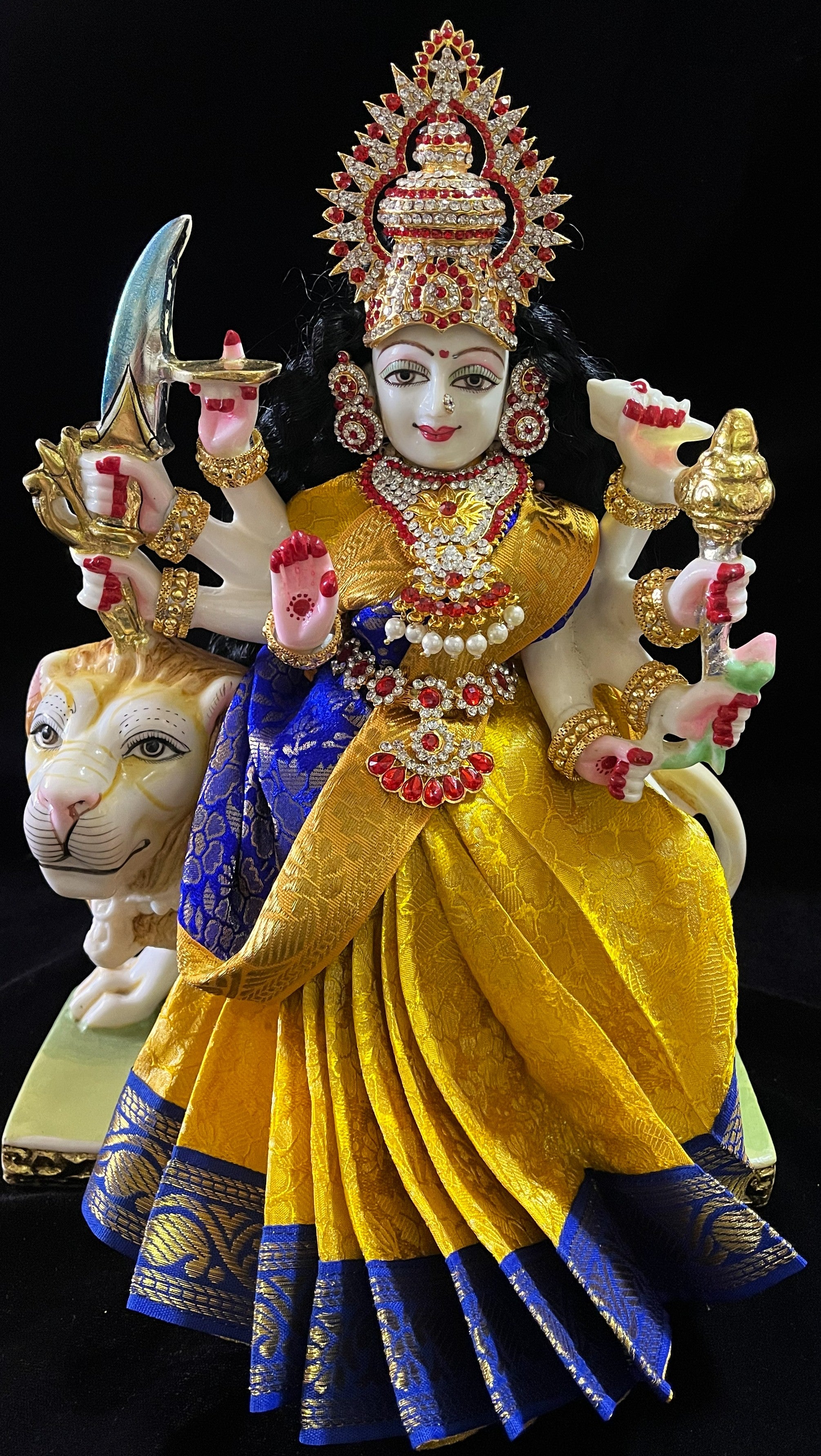 Devi, Durga, Kali, Radha Pre stiched Saree,  made of Brocade Silk (not pure silk) in Yellow Pre plated saree with Royal Blue  Contrast - Yellow Pre plated saree with Royal Blue  Contrast 1