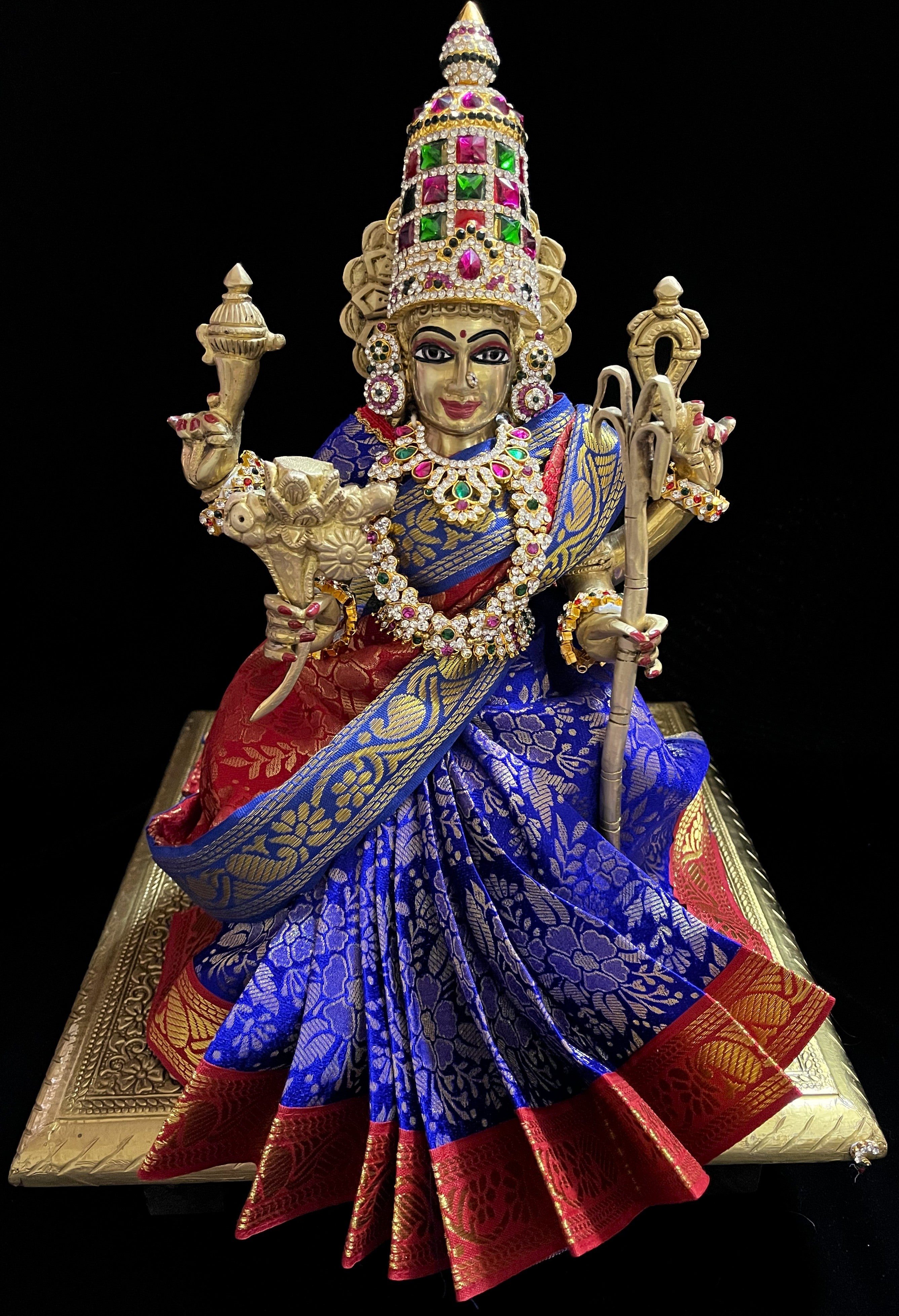 Devi, Durga, Kali, Radha Pre stiched Saree,  made of Brocade Silk (not pure silk) in Royal Blue and  Red Contrast - Royal Blue Pre plated saree with  Red Contrast 2