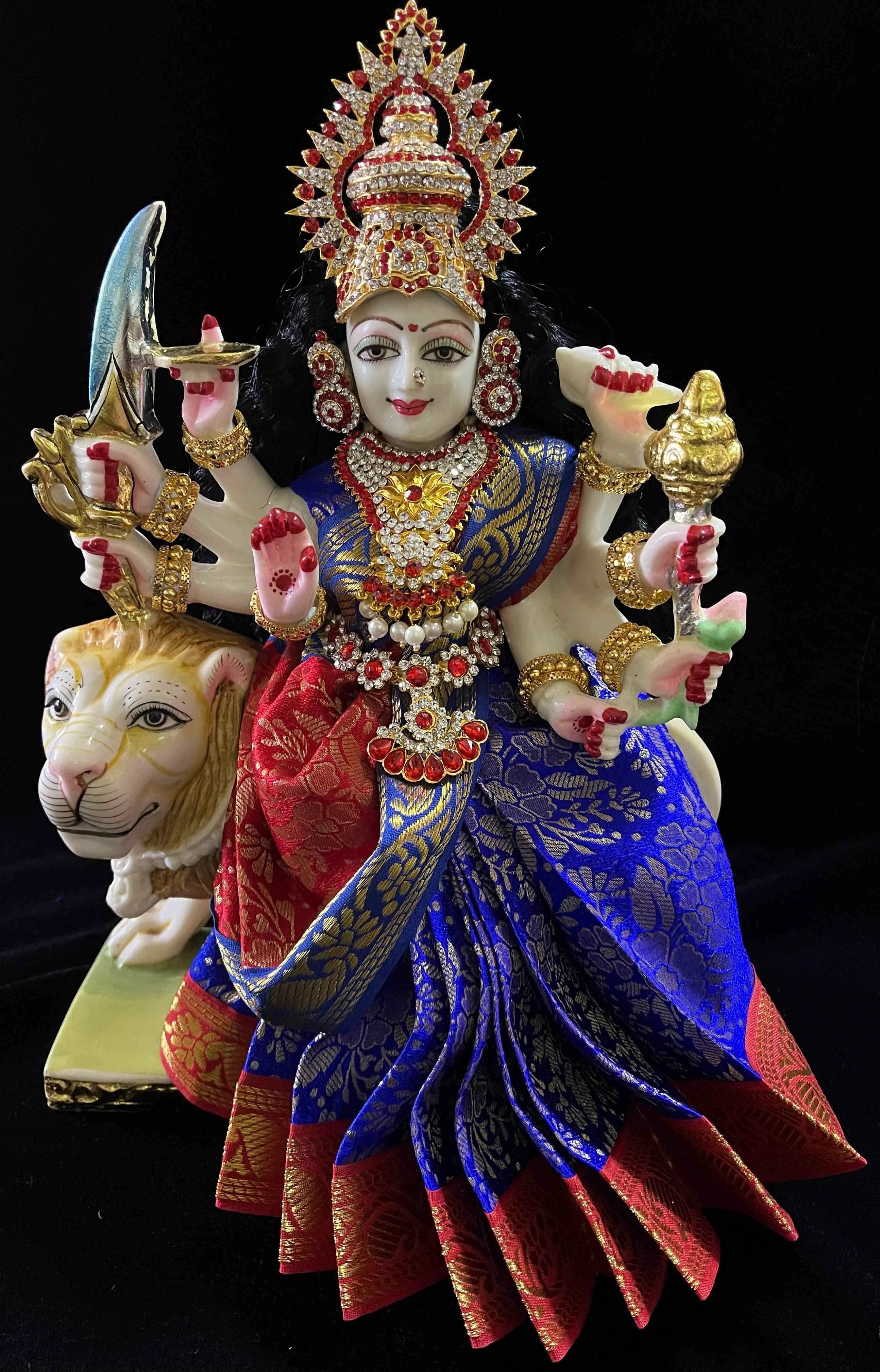Devi, Durga, Kali, Radha Pre stiched Saree,  made of Brocade Silk (not pure silk) in Royal Blue and  Red Contrast - Royal Blue Pre plated saree with  Red Contrast 1