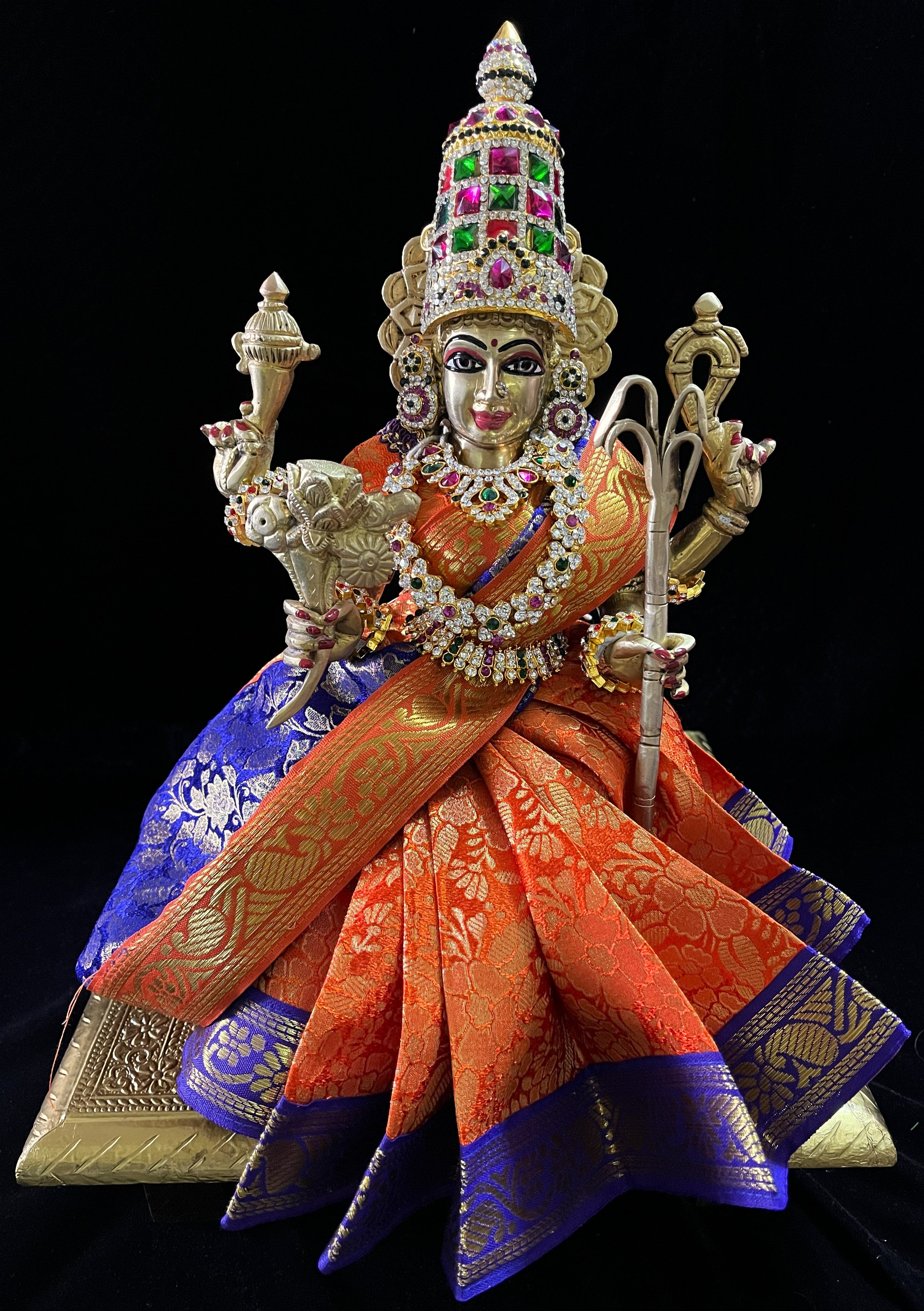 Devi, Durga, Kali, Radha Pre stiched Saree,  made of Brocade Silk (not pure silk) in Orange and  Royal Blue Contrast - Orange Pre plated saree with  Royal Blue Contrast 2