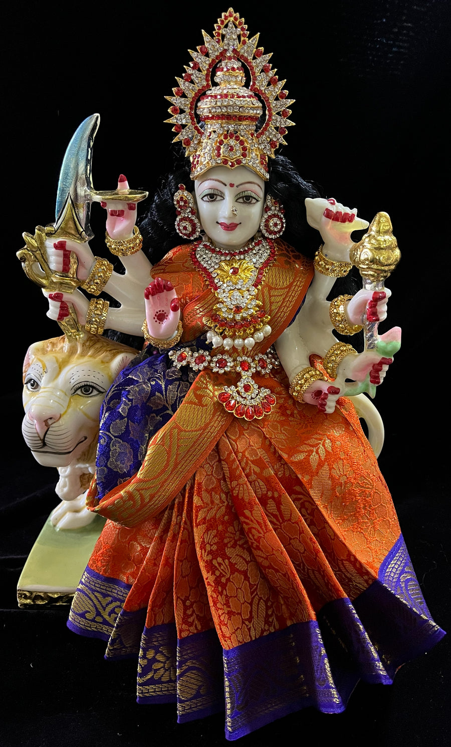 Devi, Durga, Kali, Radha Pre stiched Saree,  made of Brocade Silk (not pure silk) in Orange and  Royal Blue Contrast - Orange Pre plated saree with  Royal Blue Contrast