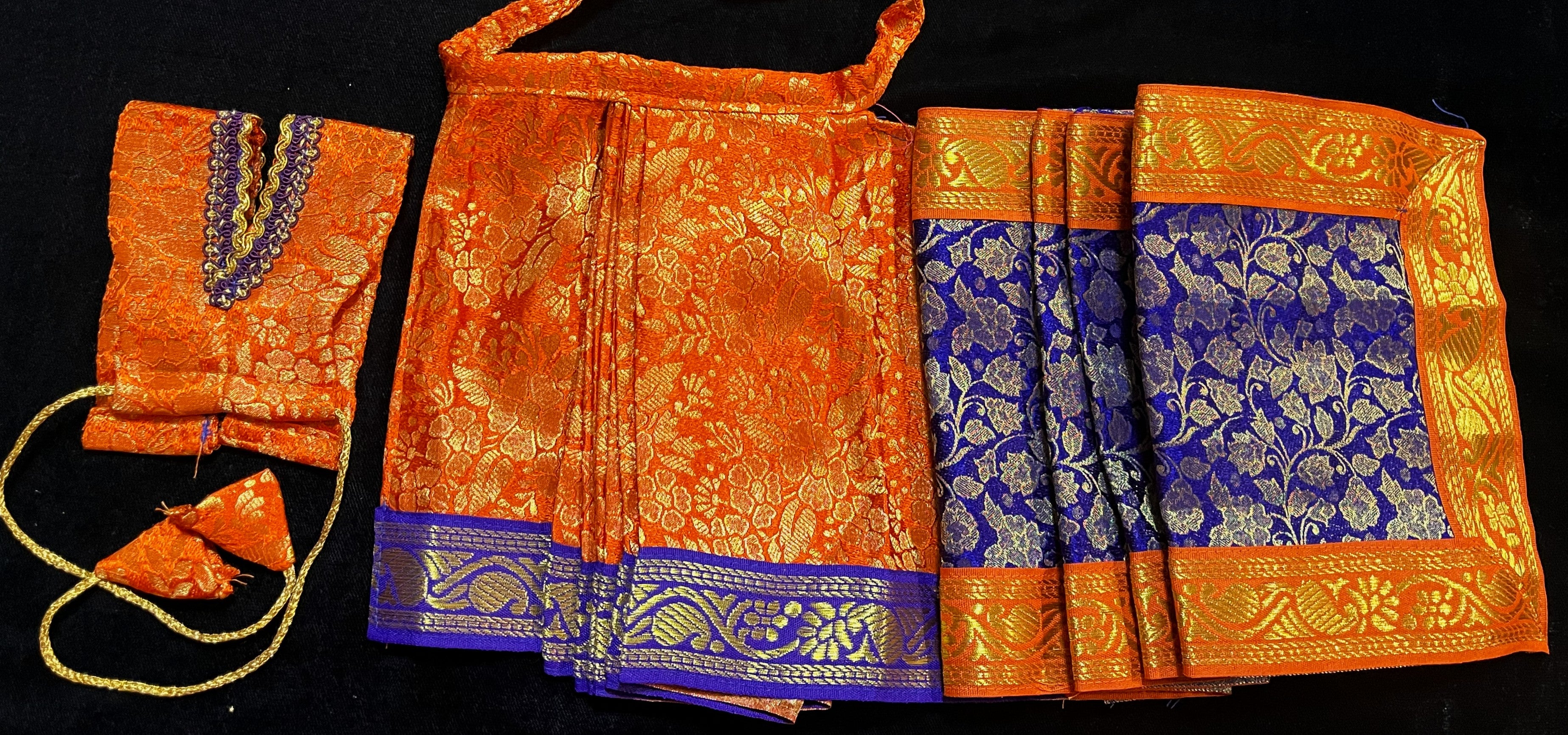 Devi, Durga, Kali, Radha Pre stiched Saree,  made of Brocade Silk (not pure silk) in Orange and  Royal Blue Contrast - Orange Pre plated saree with  Royal Blue Contrast 3