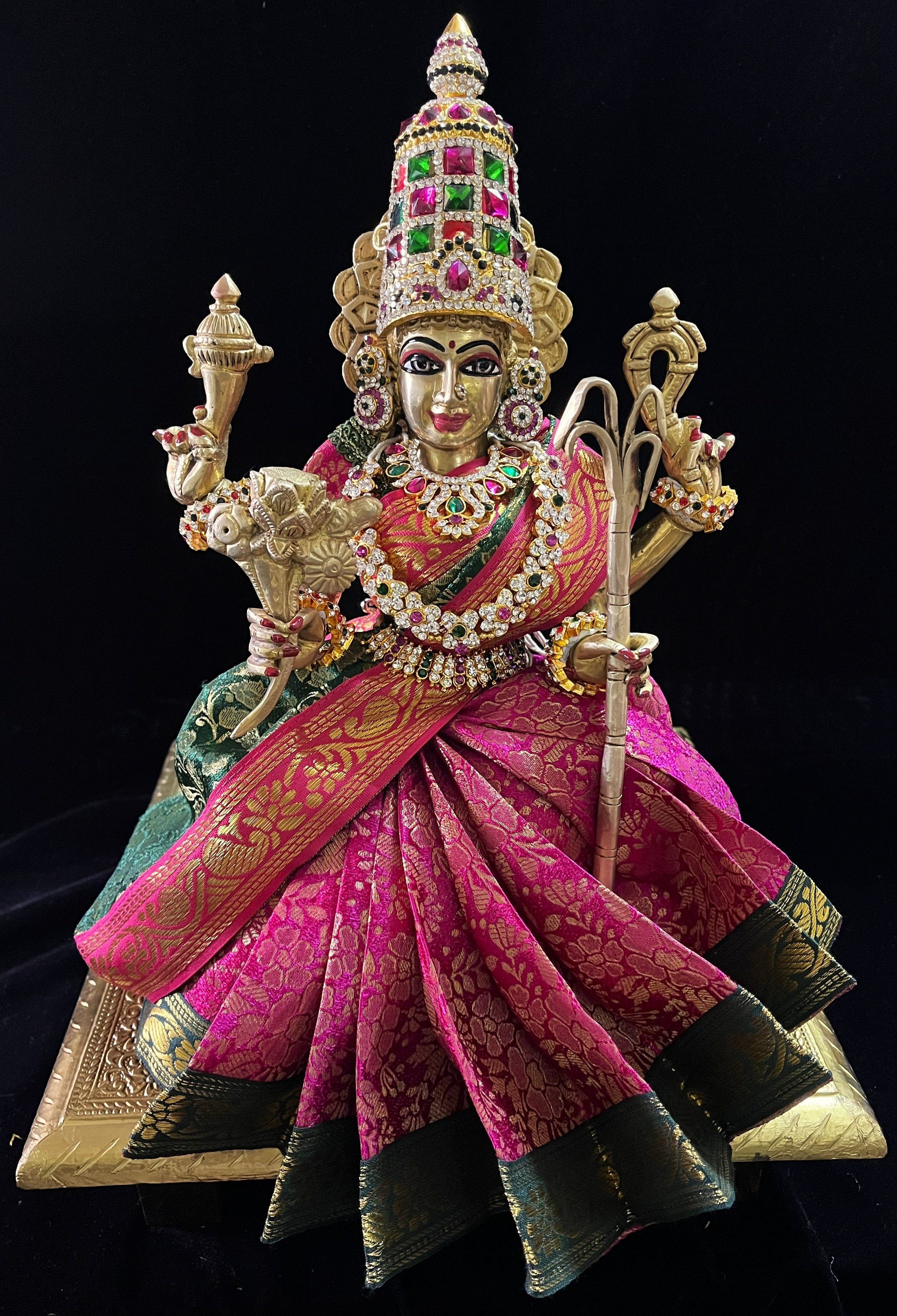 Devi, Durga, Kali, Radha Pre stiched Saree,  made of Brocade Silk (not pure silk) in Rani Pink and Dark Green Contrast - Rani Pink Pre plated saree with Dark Green Contrast 2