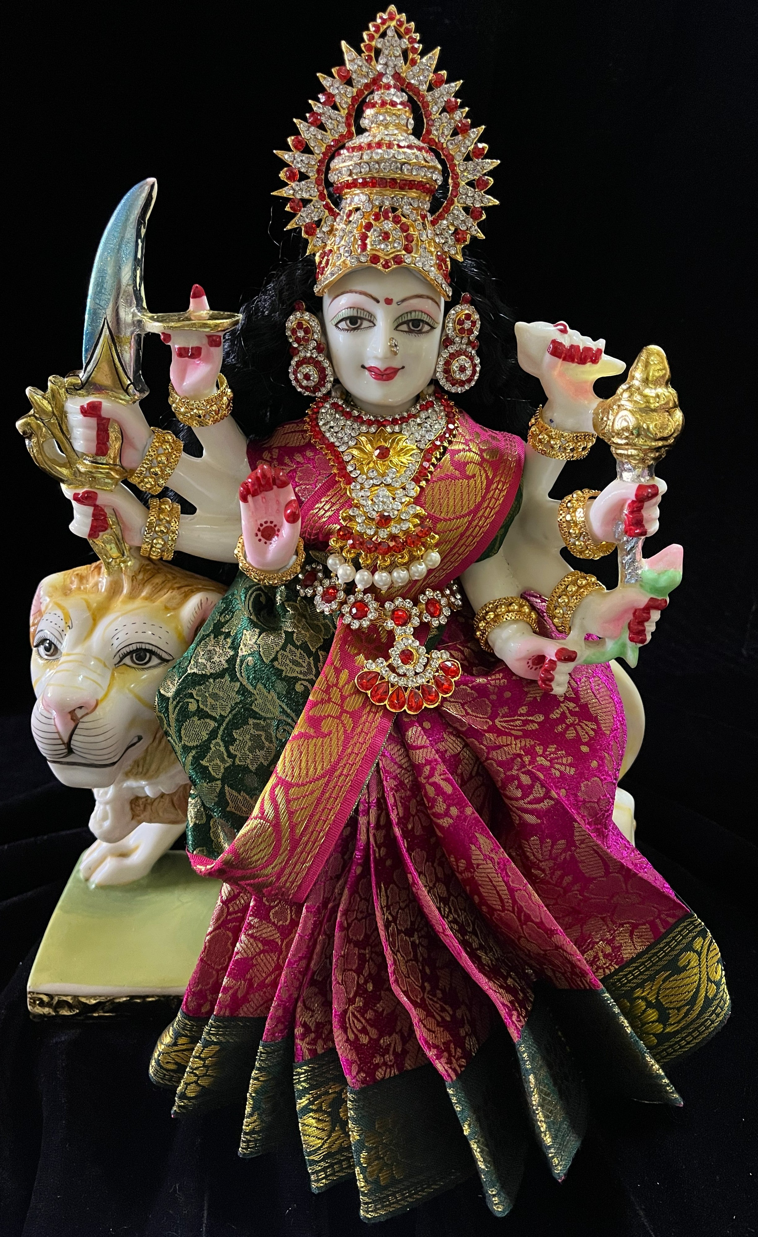 Devi, Durga, Kali, Radha Pre stiched Saree,  made of Brocade Silk (not pure silk) in Rani Pink and Dark Green Contrast - Rani Pink Pre plated saree with Dark Green Contrast 1
