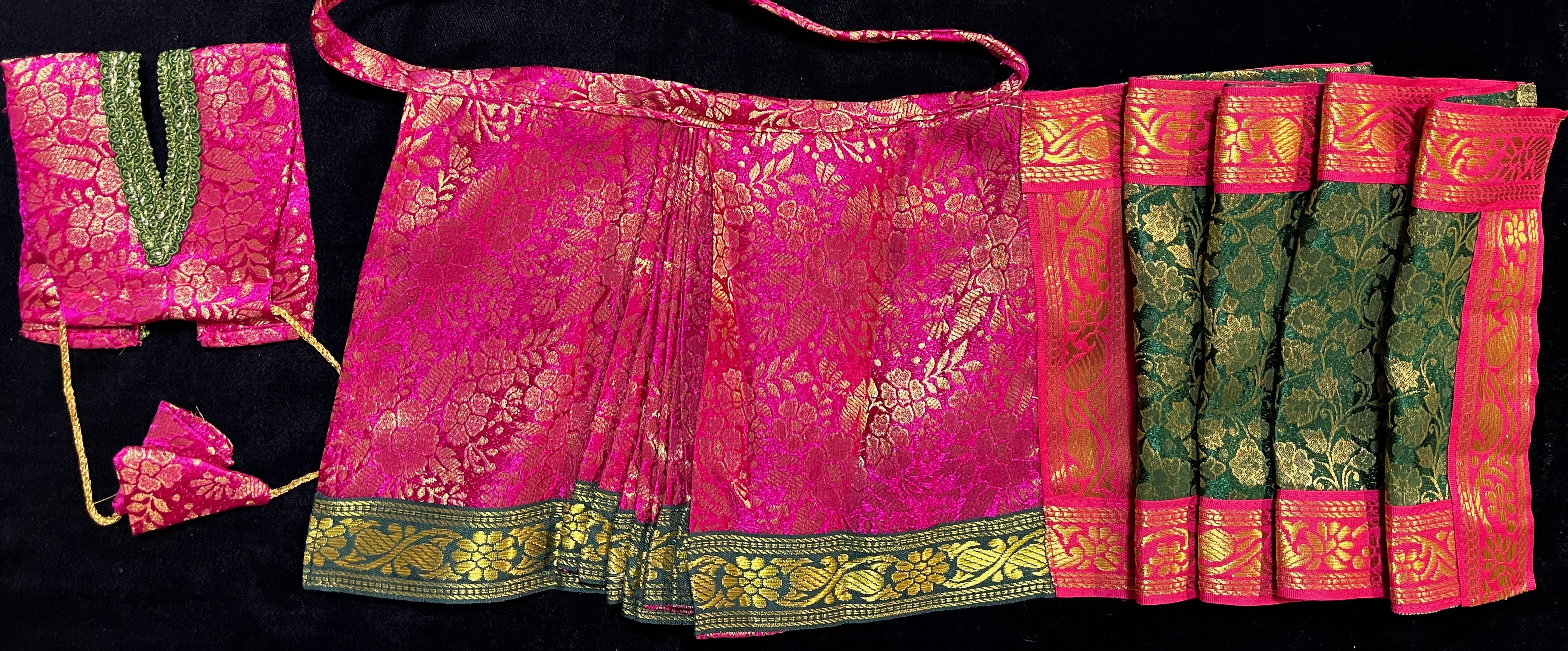Devi, Durga, Kali, Radha Pre stiched Saree,  made of Brocade Silk (not pure silk) in Rani Pink and Dark Green Contrast - Rani Pink Pre plated saree with Dark Green Contrast 3