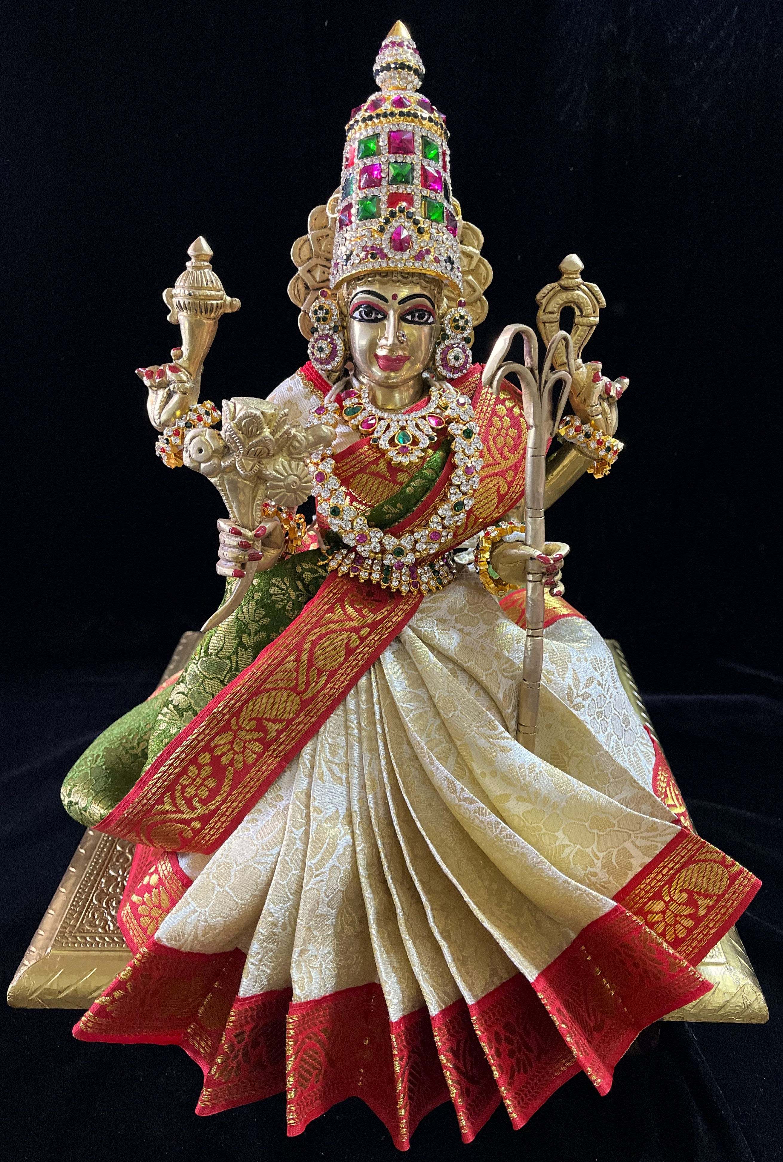 Devi, Durga, Kali, Radha Pre stiched Saree,  made of Brocade Silk (not pure silk) in White and Sap green and Red Contrast - White Pre plated saree with Sap green and Red Contrast 2