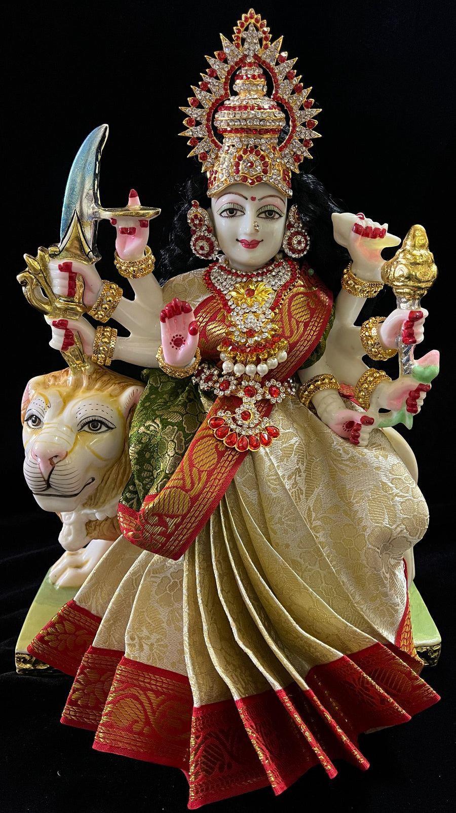 Devi, Durga, Kali, Radha Pre stiched Saree,  made of Brocade Silk (not pure silk) in White and Sap green and Red Contrast - White Pre plated saree with Sap green and Red Contrast