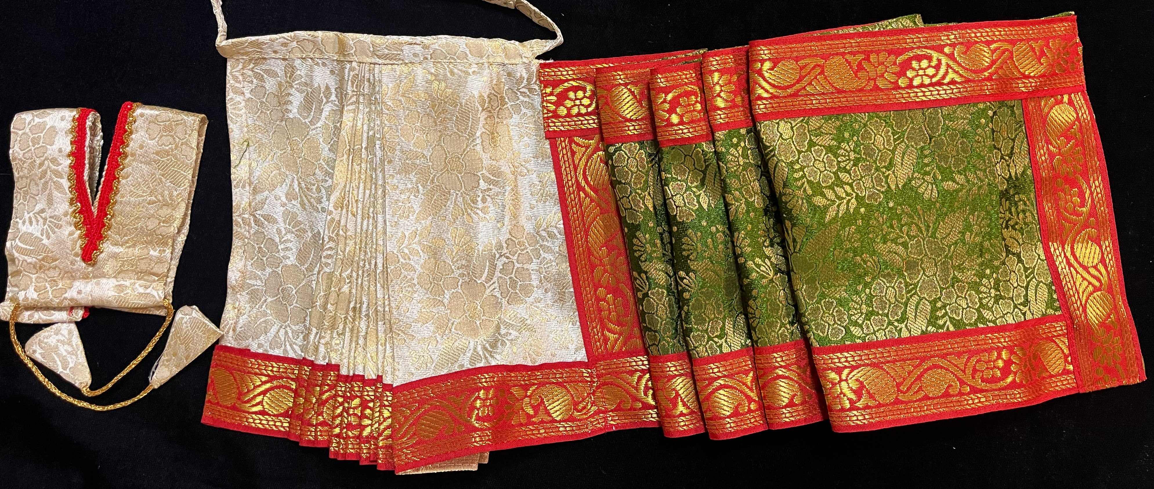 Devi, Durga, Kali, Radha Pre stiched Saree,  made of Brocade Silk (not pure silk) in White and Sap green and Red Contrast - White Pre plated saree with Sap green and Red Contrast 3