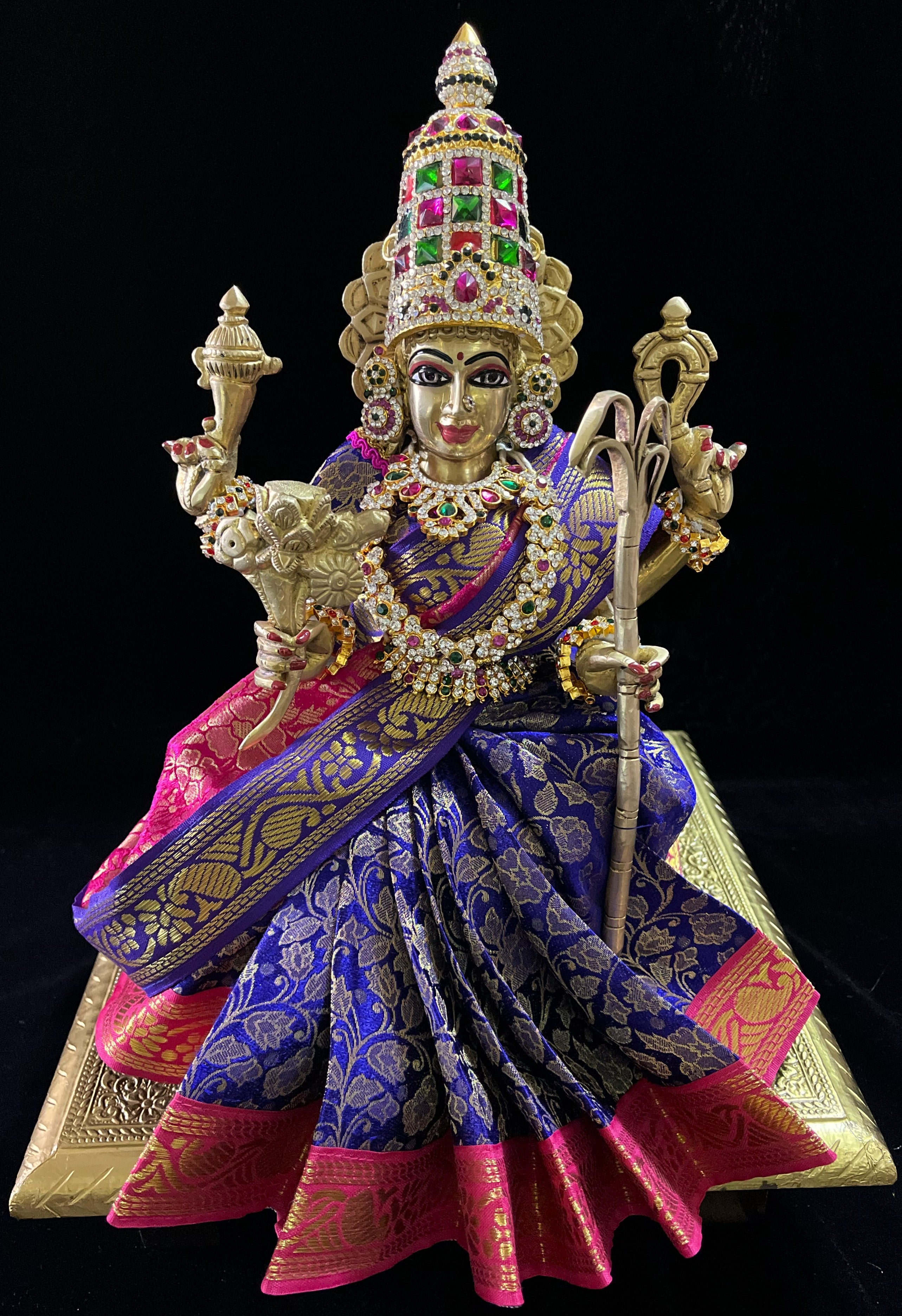 Devi, Durga, Kali, Radha Pre stiched Saree,  made of Brocade Silk (not pure silk) in Royal Blue and Rani Pink Contrast - Royal Blue Pre plated saree with Rani Pink Contrast 2