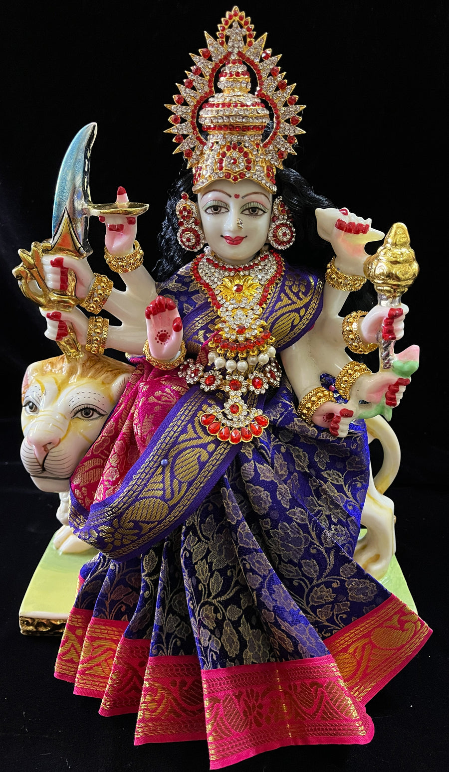 Devi, Durga, Kali, Radha Pre stiched Saree,  made of Brocade Silk (not pure silk) in Royal Blue and Rani Pink Contrast - Royal Blue Pre plated saree with Rani Pink Contrast