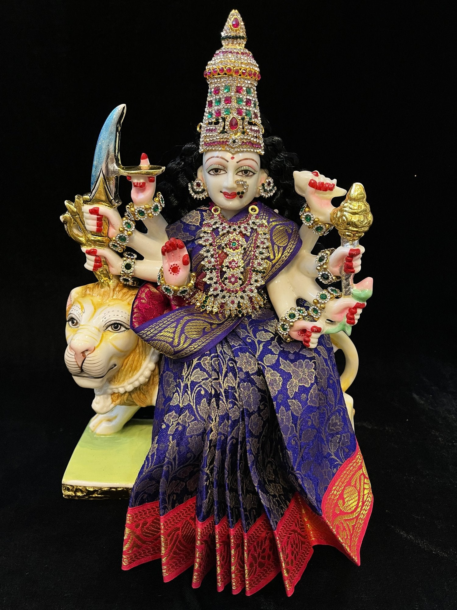 Devi, Durga, Kali, Radha Pre stiched Saree,  made of Brocade Silk (not pure silk) in Royal Blue and Rani Pink Contrast - Royal Blue Pre plated saree with Rani Pink Contrast 6