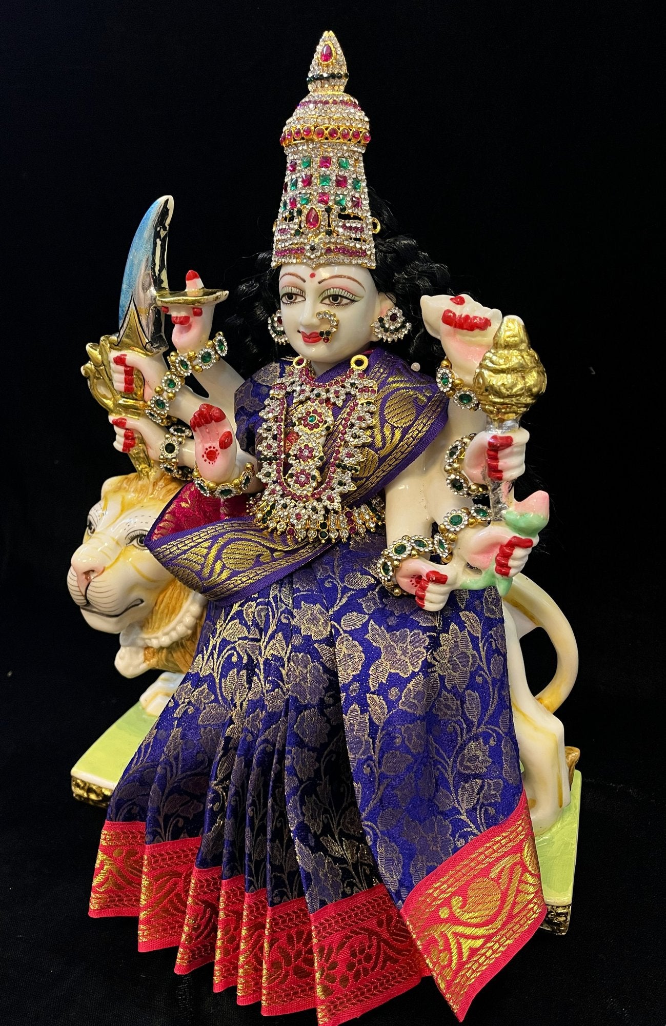 Devi, Durga, Kali, Radha Pre stiched Saree,  made of Brocade Silk (not pure silk) in Royal Blue and Rani Pink Contrast - Royal Blue Pre plated saree with Rani Pink Contrast 7
